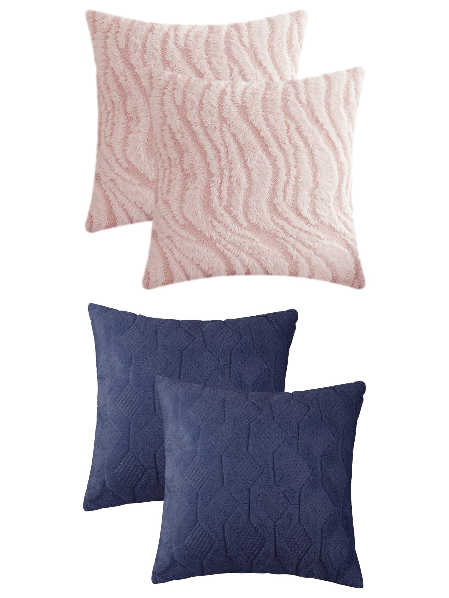 Unique Bargains Short Plush Solid Pillow Covers 4 Pcs Dark Blue/Pink 18" x 18"