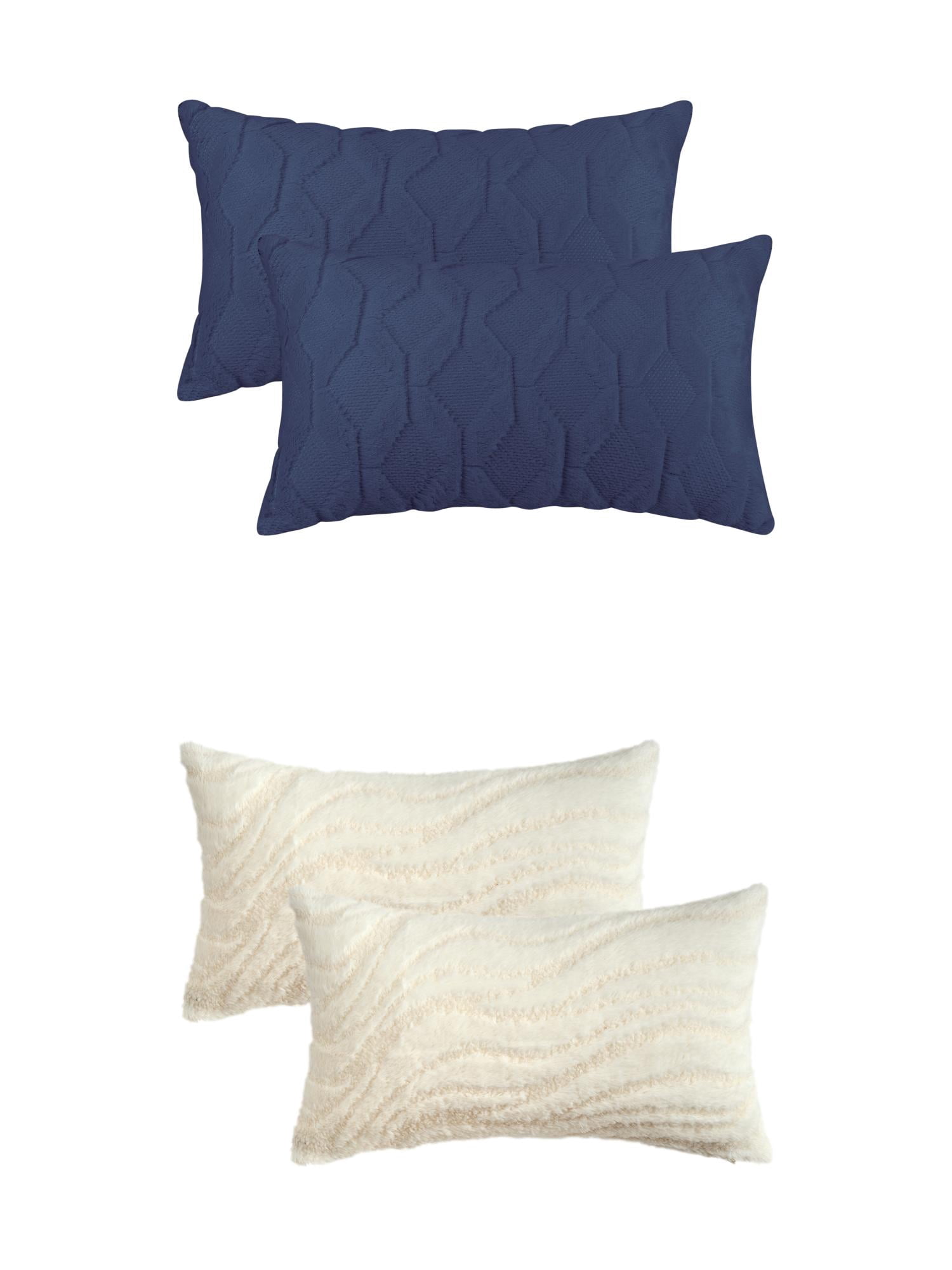 Unique Bargains Short Plush Solid Pillow Covers 4 Pcs Dark Blue/White 12" x 20"