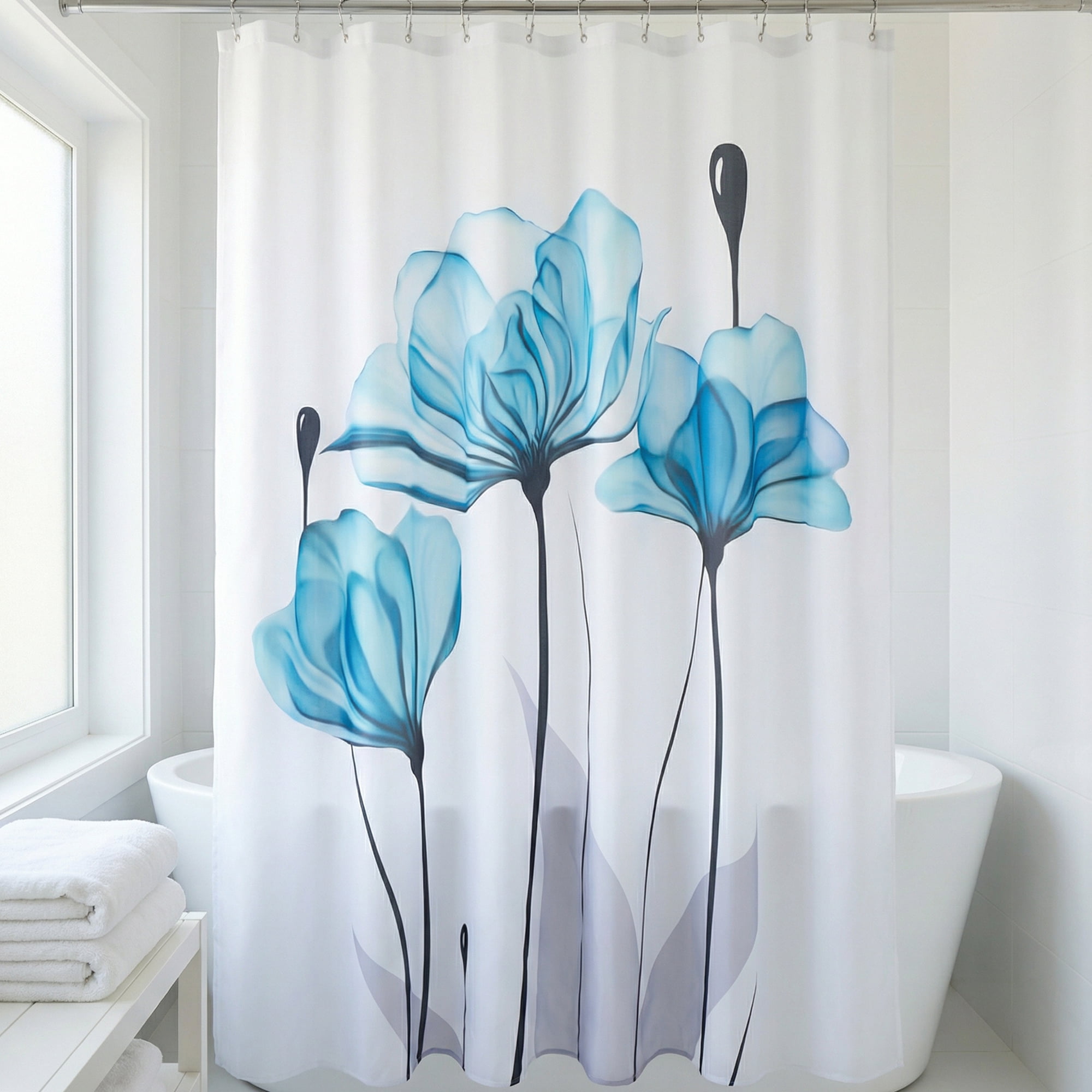 Unique Bargains Shower Curtain Waterproof Sets with Hooks Blue 71"W x 71"L