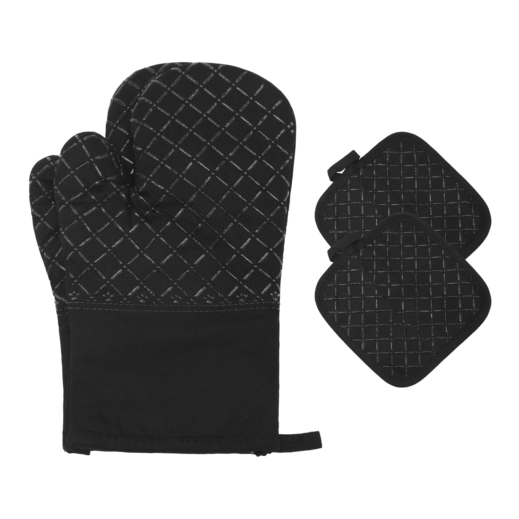 Unique Bargains Silicone Cotton Heat-Resistant 2 Pcs Kitchen Mitts Black 11.8x6.7inch