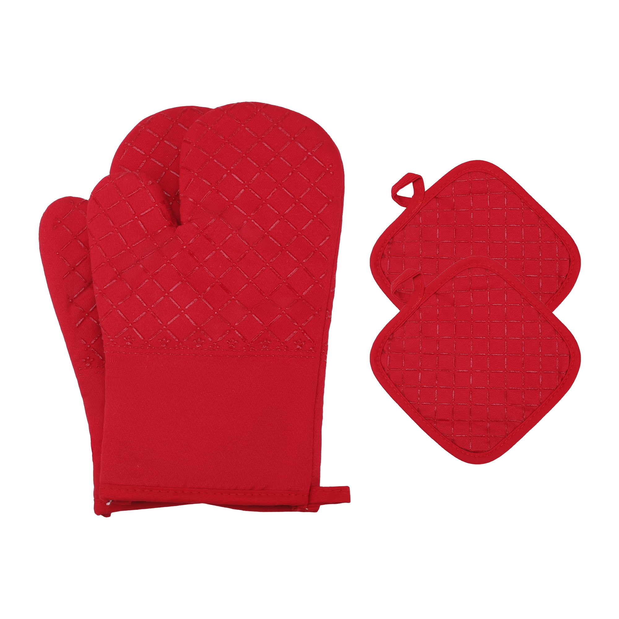 Unique Bargains Silicone Cotton Heat-Resistant 2 Pcs Kitchen Mitts Red 11.8x6.7inch