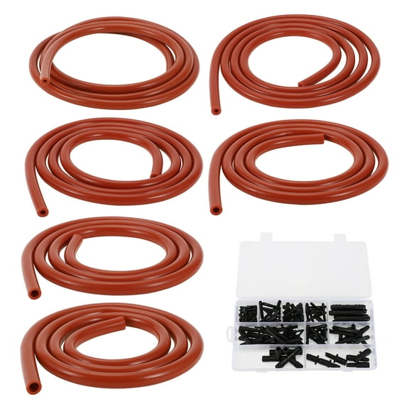 Unique Bargains Silicone Vacuum Tubing Hose 130PSI Max Pressure Automotive Vacuum Line Red with Vacuum Connector 1 Set 5Ft 3/4/5/6/8/10mm ID 2.5mm Thickness