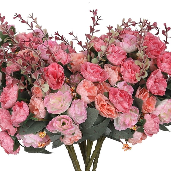 Unique Bargains Silk Rose Bouquet Fake Artificial Flowers Wedding Party Home 6pcs Pink