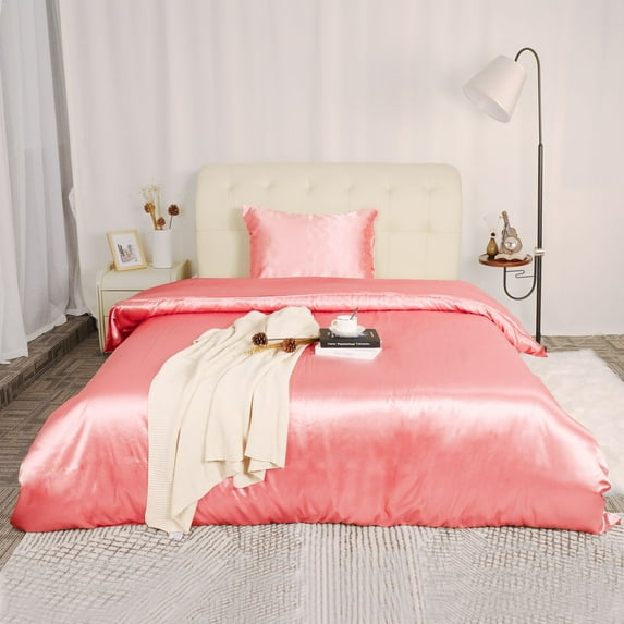 Unique Bargains Silk Satin Bed Quilt/Duvet Cover Pillowcase Set Twin Pink
