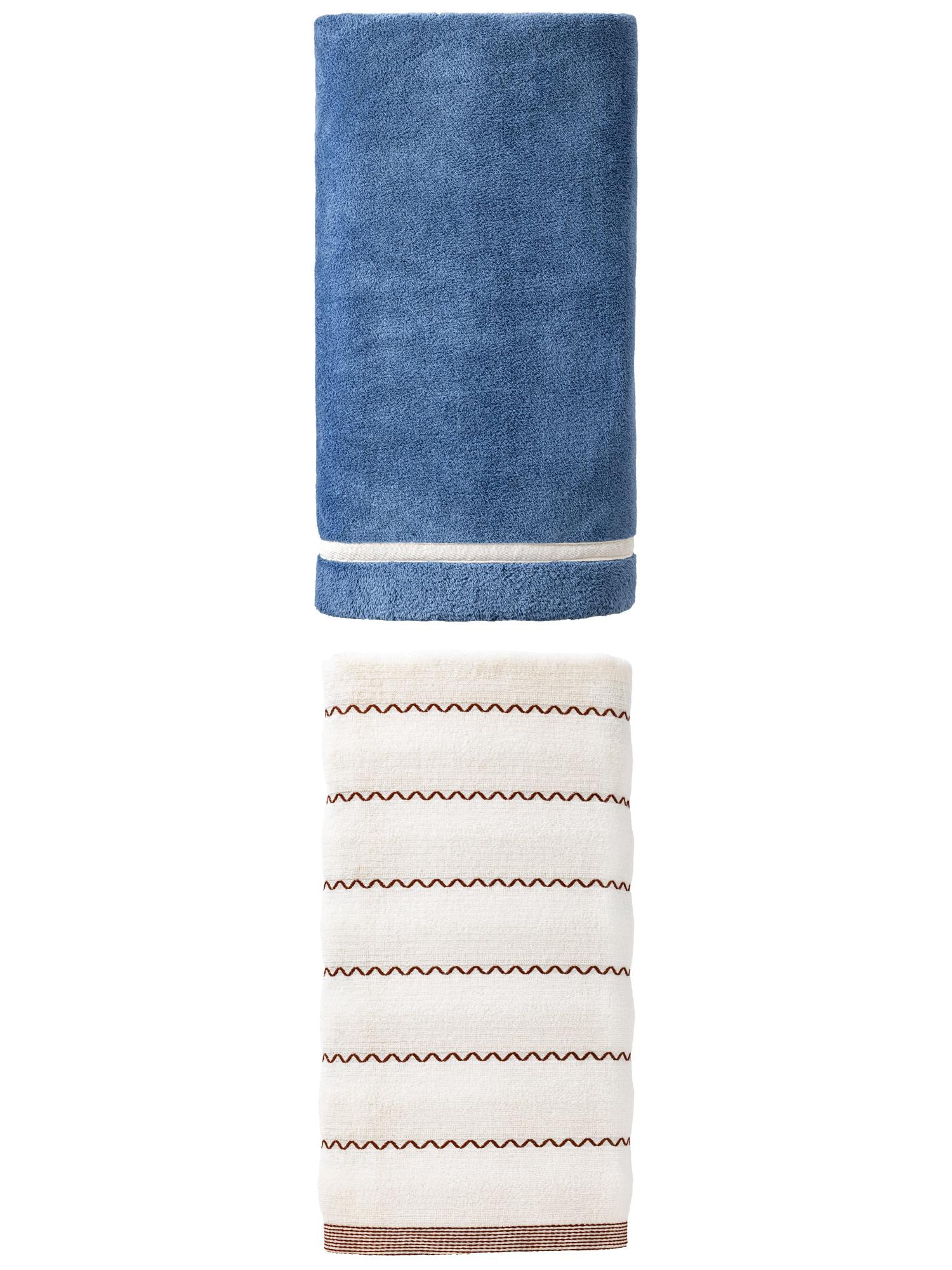 Unique Bargains Silky Gentle Maximum Absorbency Coral Fleece Bath Towel 2 Pack Dark Blue/White 63" x 31"/55" x 28"