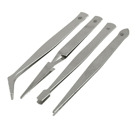 Unique Bargains Silver Tone Metal 4 in 1 Repairing Tool Cross Locking Curved Flat Tweezers