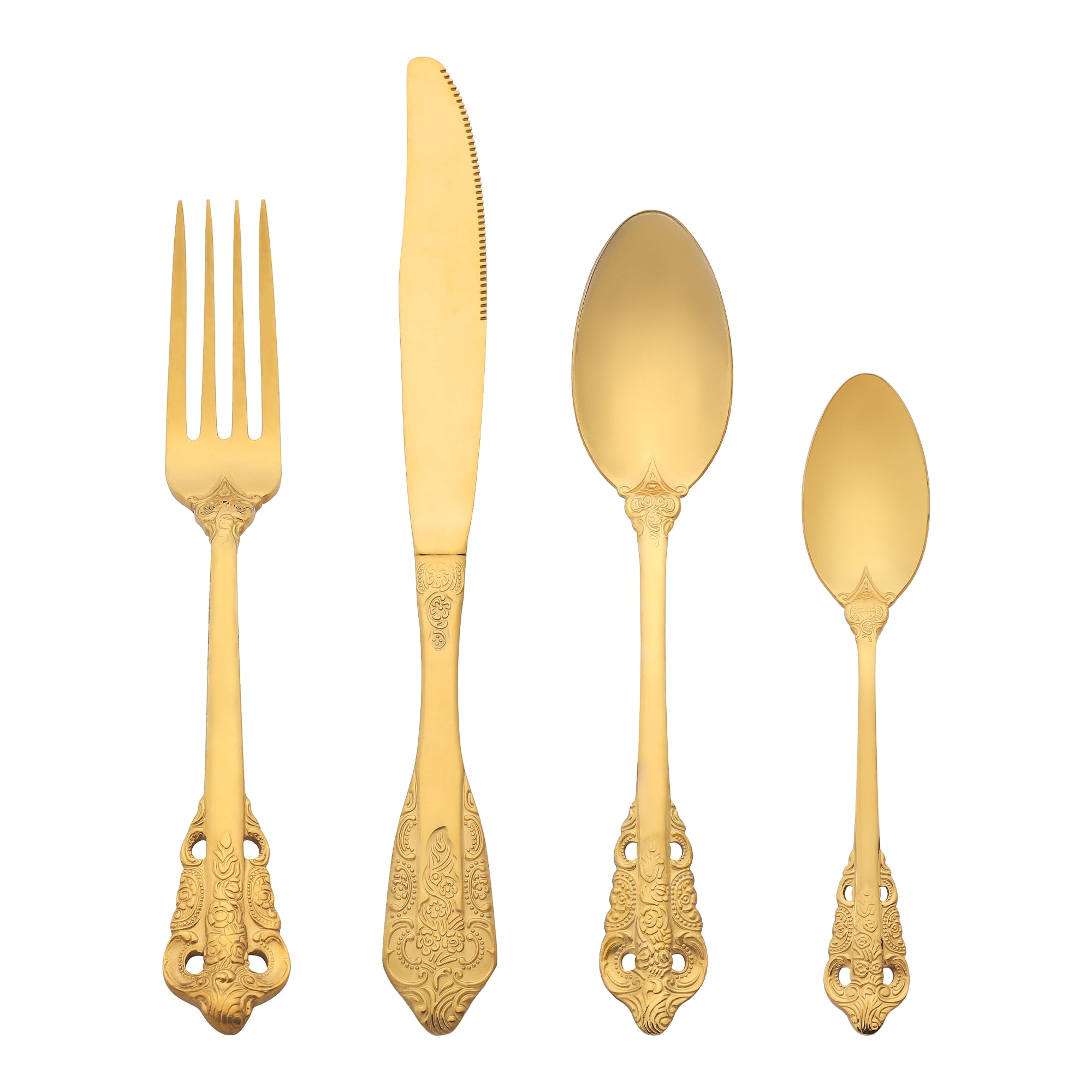 Unique Bargains Silverware Set Stainless Steel Flatware Gold 4 Pcs
