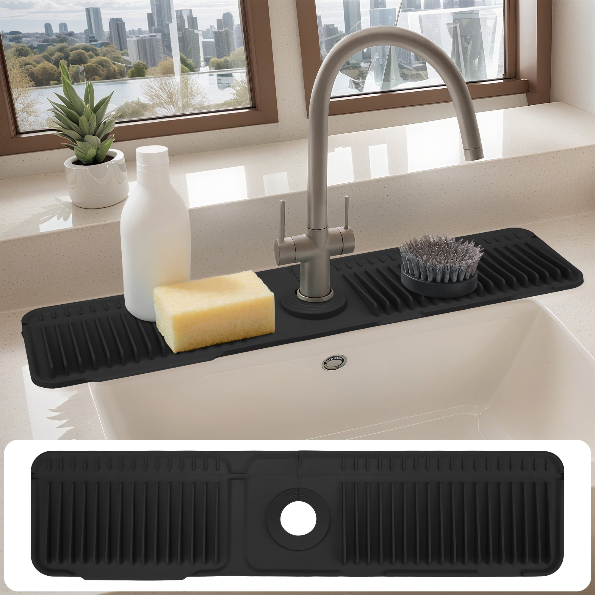 Unique Bargains Sink Splash Guard Mat with Adjustable Button Black 24.0*5.5*0.8 inch