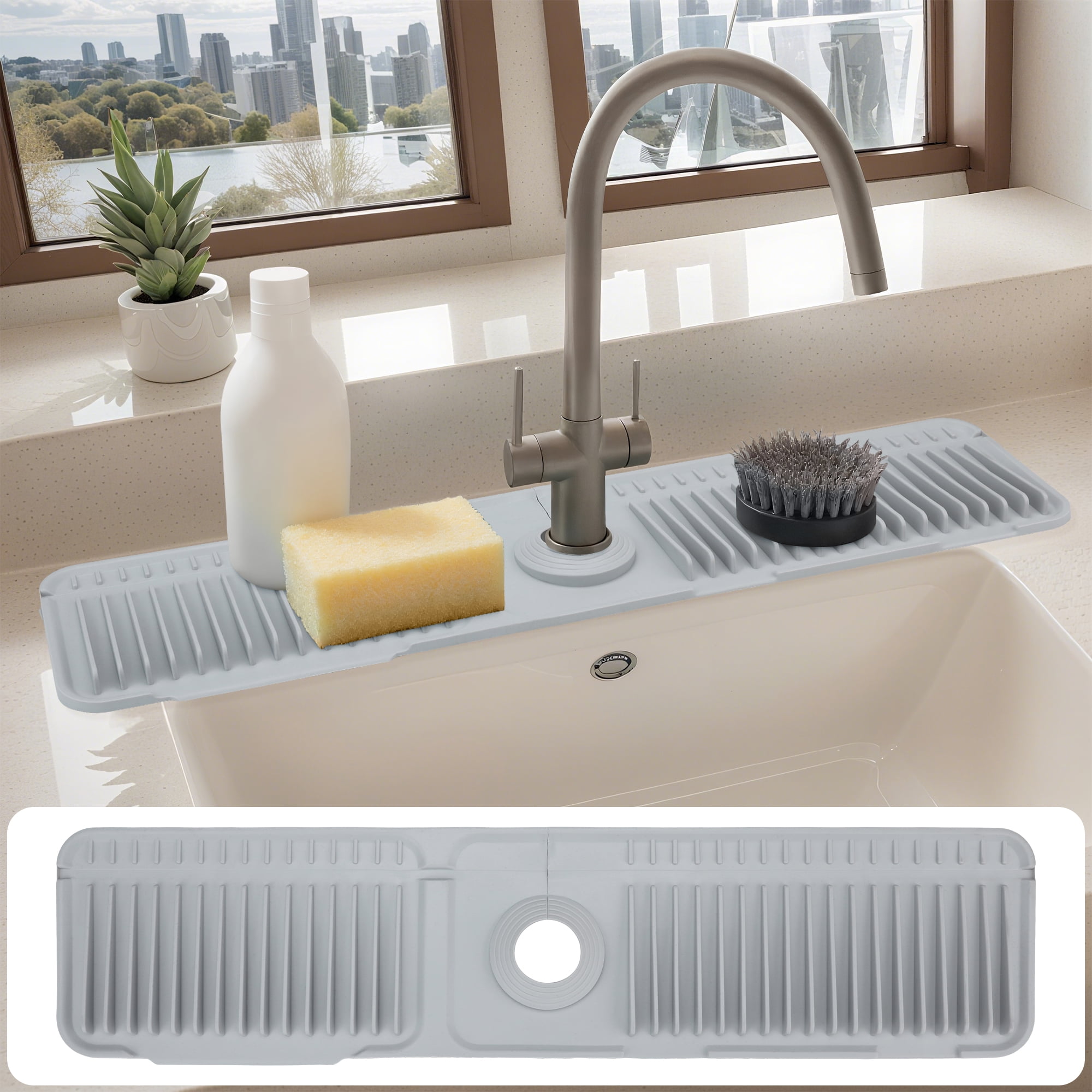 Unique Bargains Sink Splash Guard Mat with Adjustable Button Gray 24.0*5.5*0.8 inch