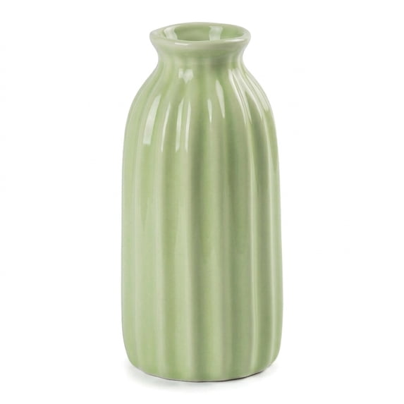 Unique Bargains Small Ceramic Vase Matte Ribbed Decorative Flower Vase for Bathroom Green
