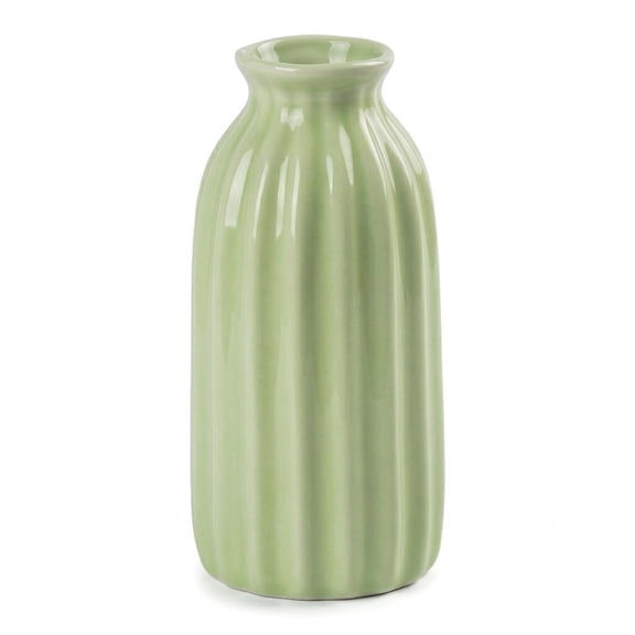 Unique Bargains Small Ceramic Vase Matte Ribbed Decorative Flower Vase for Bathroom Green