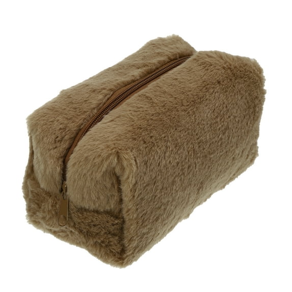 Unique Bargains Small Plush Makeup Bag Soft Beauty Cosmetic Bag Cute Travel Zipper Toiletry Bag for Women Brown