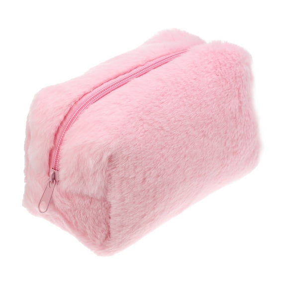 Unique Bargains Small Plush Makeup Bag Soft Beauty Cosmetic Bag Cute Travel Zipper Toiletry Bag for Women Pink