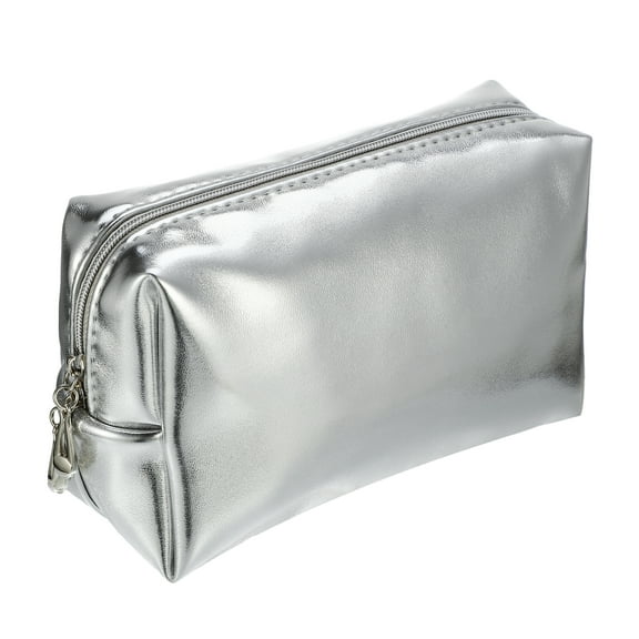Unique Bargains Small Portable Travel Cosmetic Bag Women Zipper PU Leather Makeup Bag Suitable for Lipstick Silver Tone