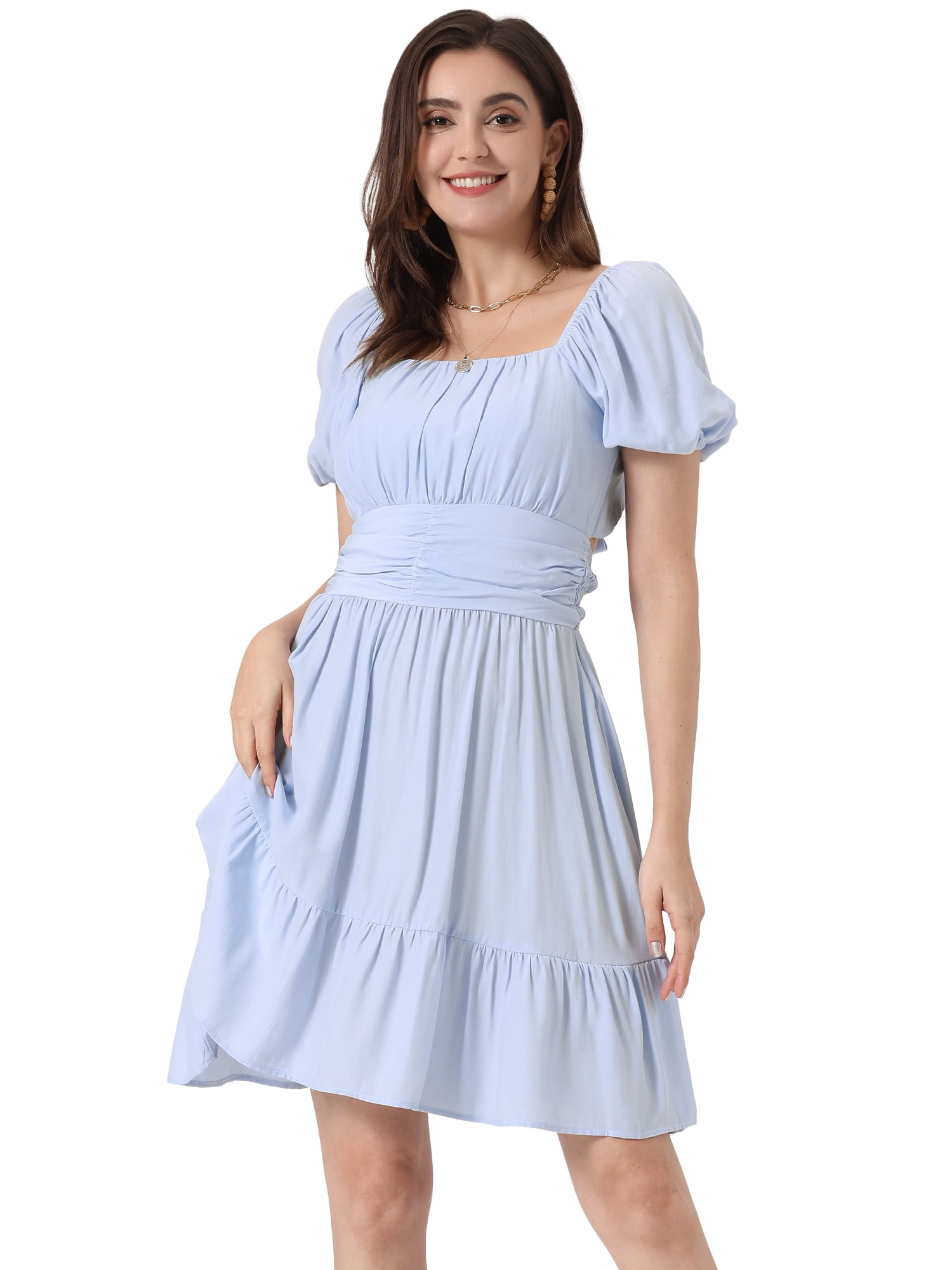 Unique Bargains Smocked Dress for Women's Summer Casual  Bow Tie Back Ruffle A-Line Dress S Blue