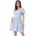 thumbnail image 1 of Unique Bargains Smocked Dress for Women's Summer Casual  Bow Tie Back Ruffle A-Line Dress XS Blue, 1 of 6