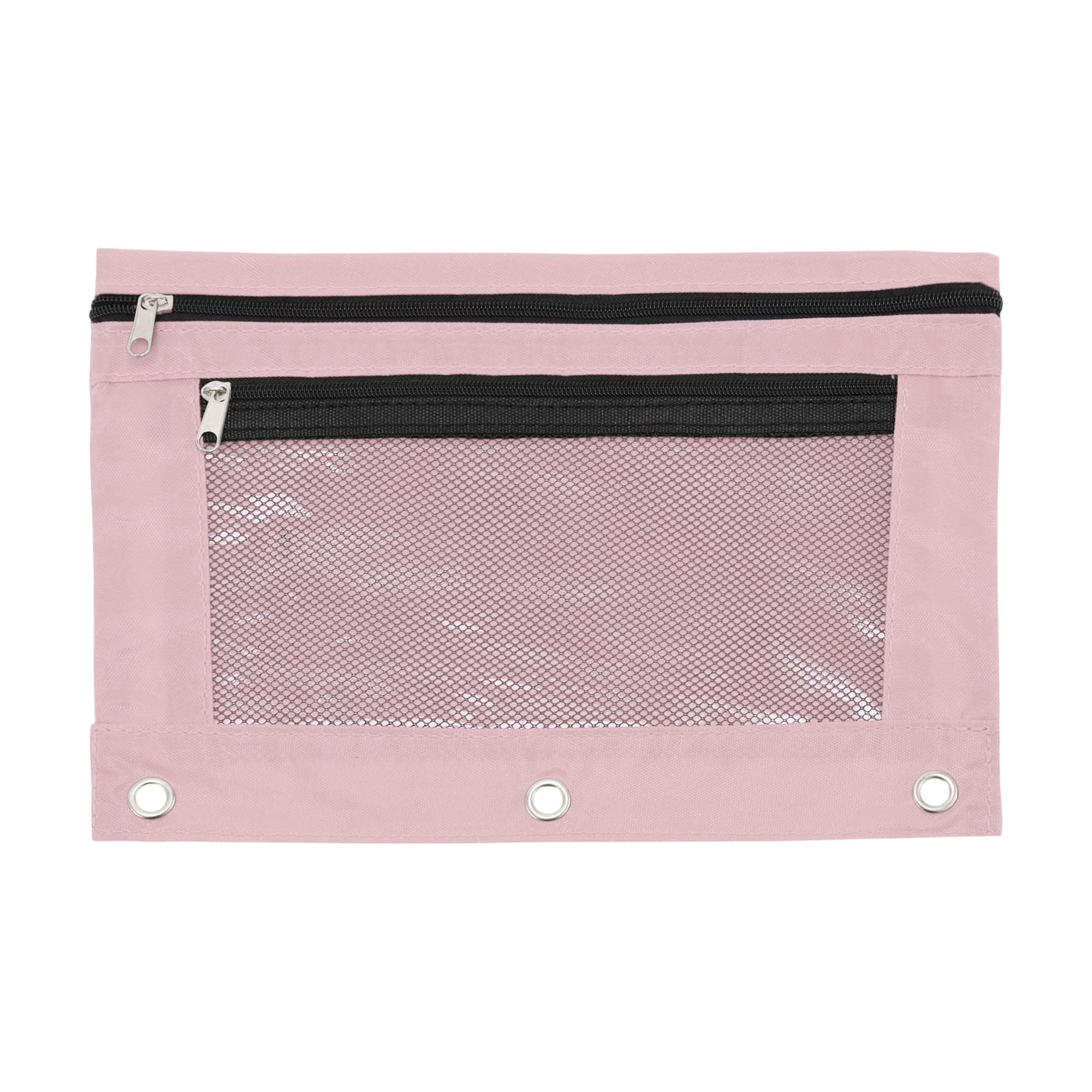 Unique Bargains Smooth Zipper Clear Mesh Double Layer Pencil Case for 3 Ring Binder Pink
