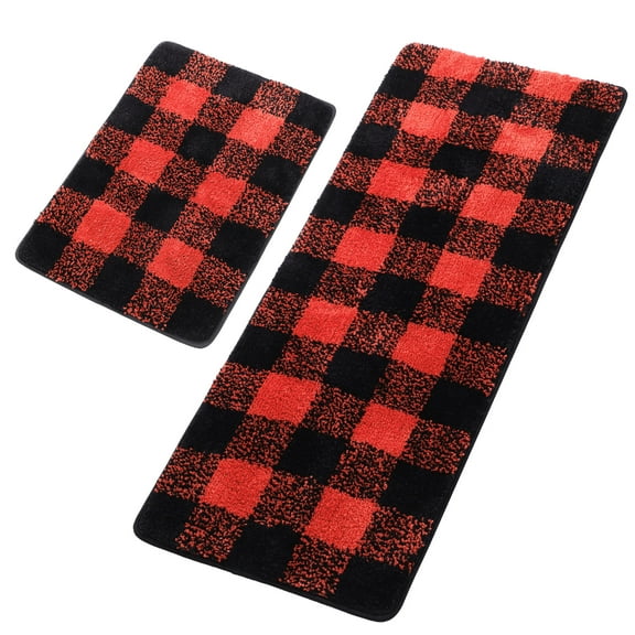 Unique Bargains Soft 2Pcs Microfiber Plaid Bath Rugs Black & Red 17"x24"&17"x47"