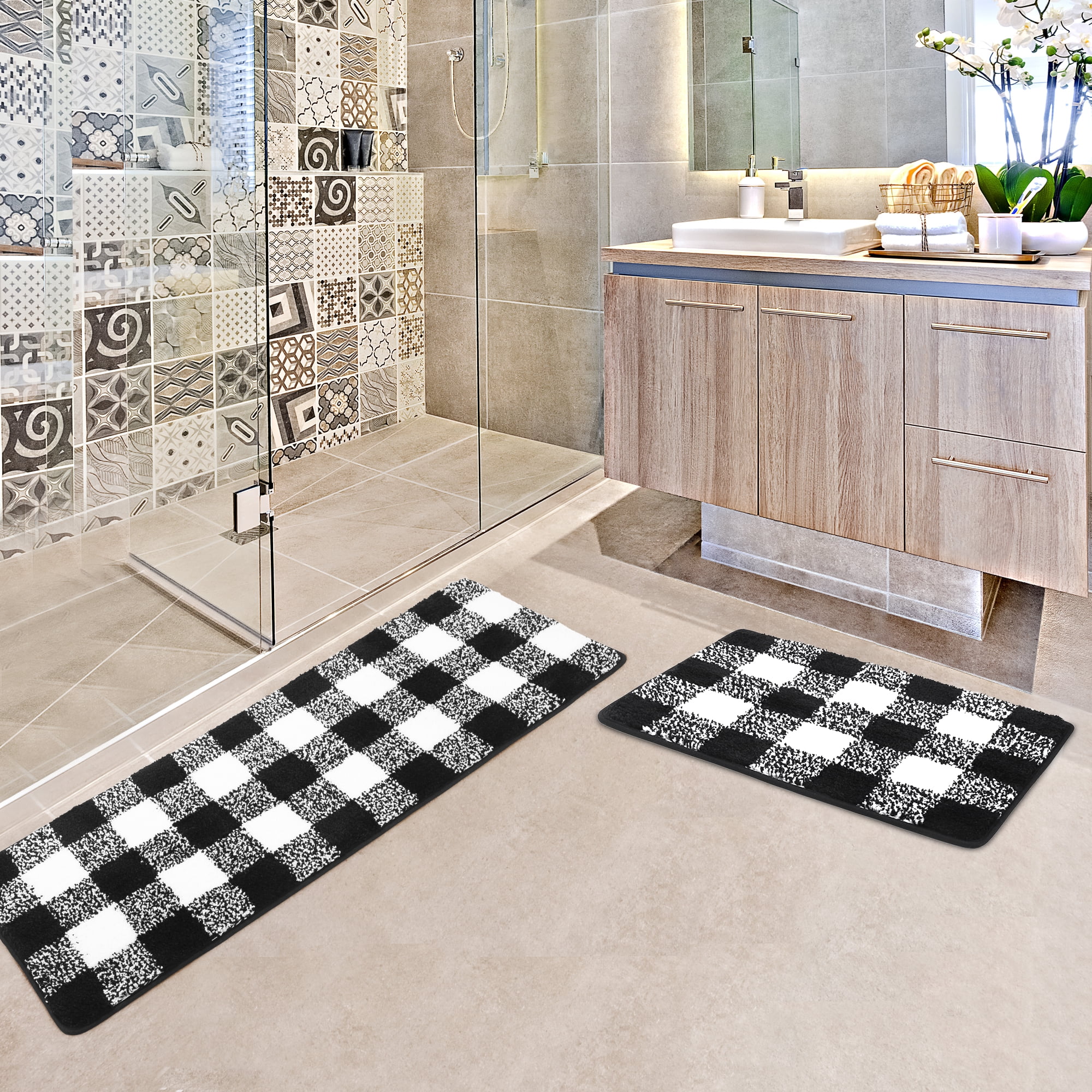 Unique Bargains Soft 2Pcs Microfiber Plaid Bath Rugs Black & White 17"x24"&17"x47"