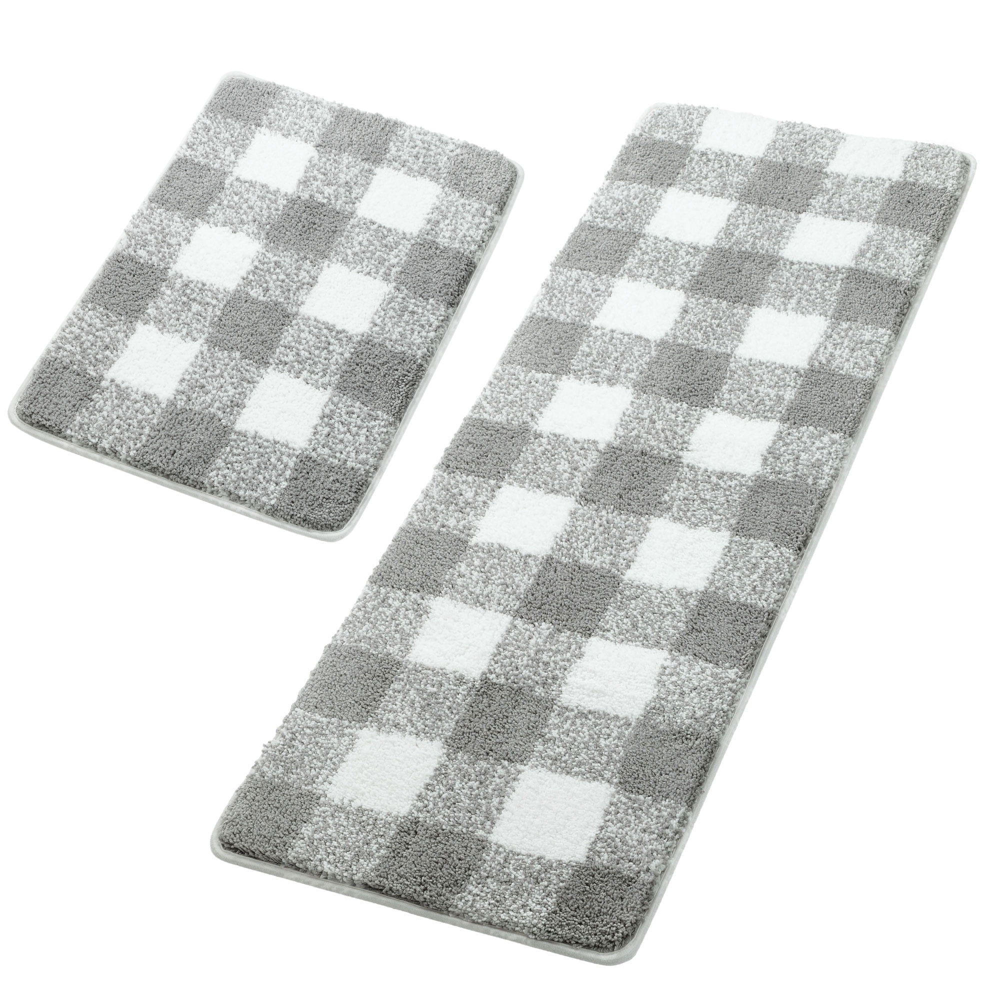 Unique Bargains Soft 2Pcs Microfiber Plaid Bath Rugs Gray & White 17"x24"&17"x47"