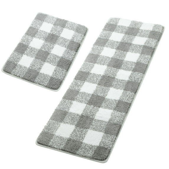 Unique Bargains Soft 2Pcs Microfiber Plaid Bath Rugs Gray & White 17"x24"&17"x47"