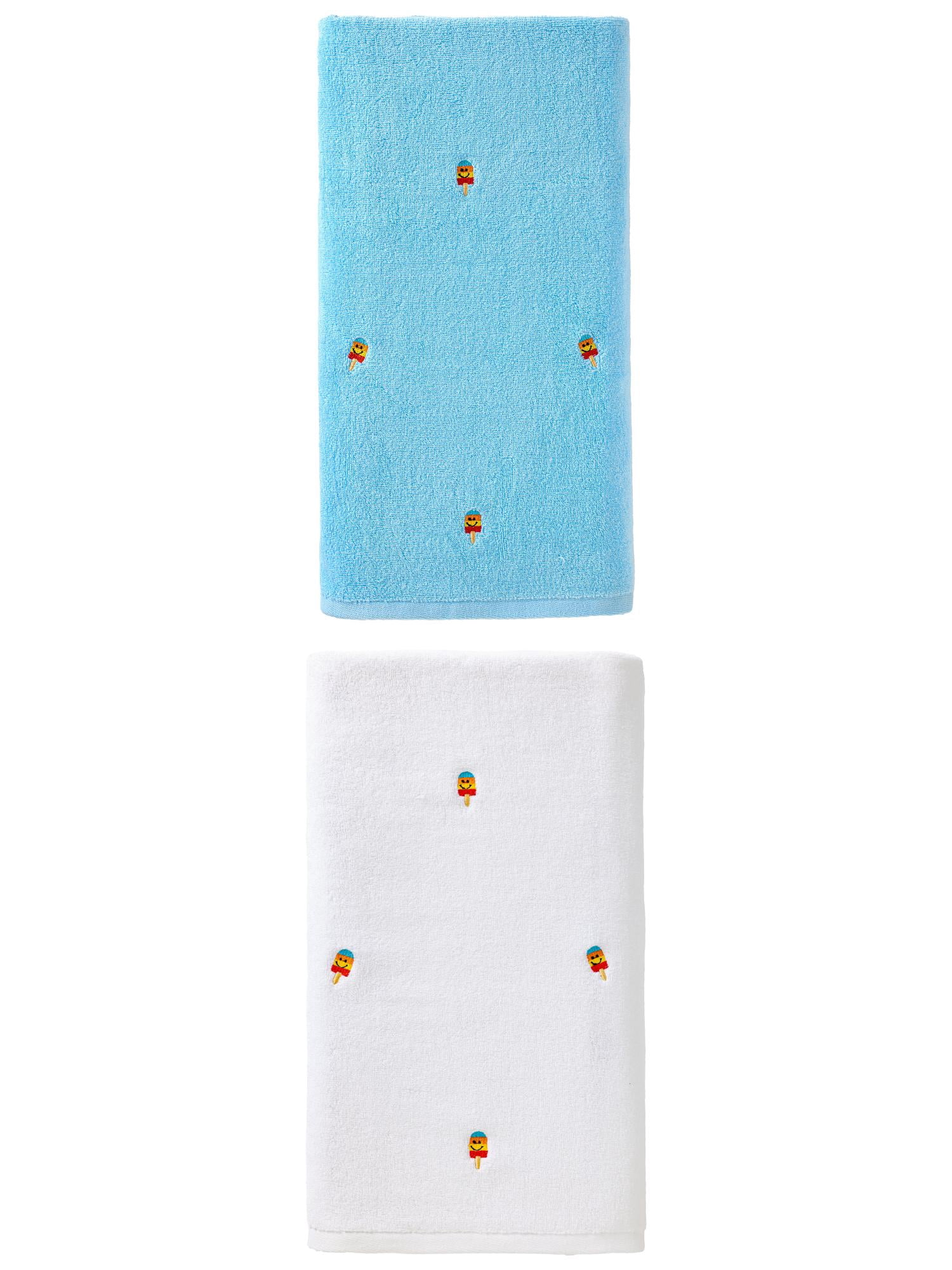 Unique Bargains Soft Absorbent Bath Towel 2 Pack White/Blue 55"x28"