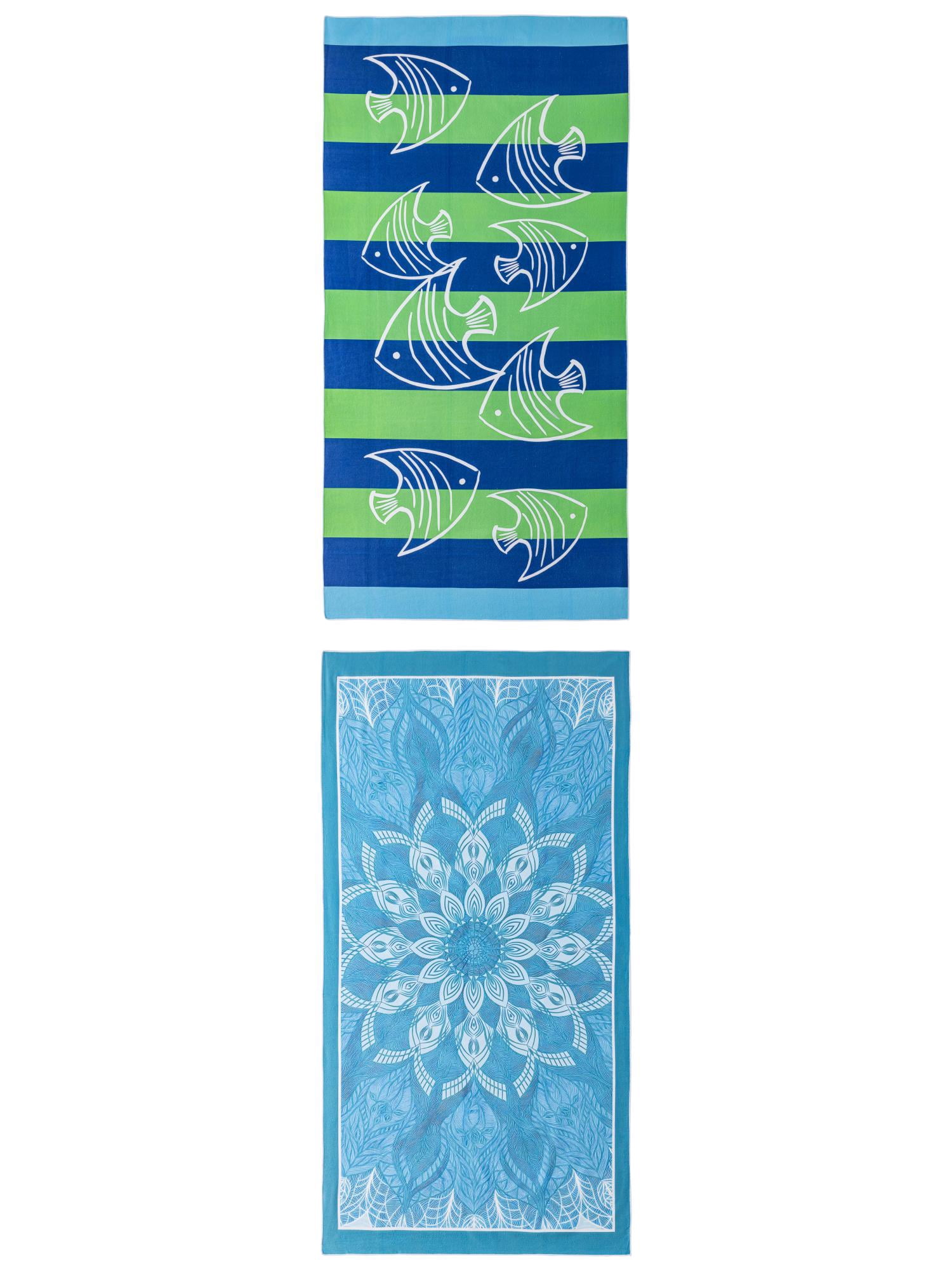 Unique Bargains Soft Absorbent Beach Towel 2 Pack Turquoise Mandala/Blue Green 71"x35"