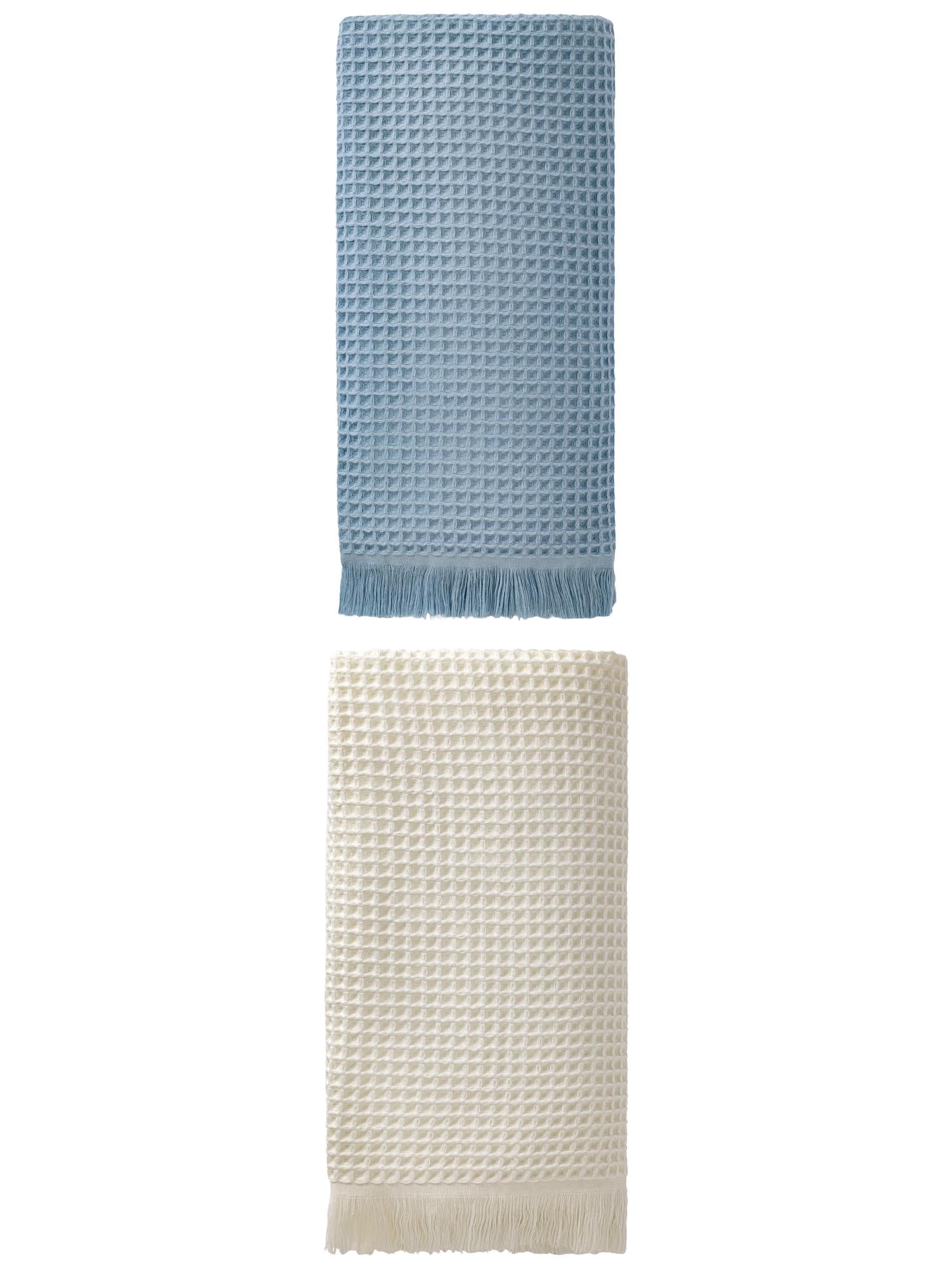 Unique Bargains Soft Absorbent Cotton Waffle Bath Towel Blue/Beige 71"x35"