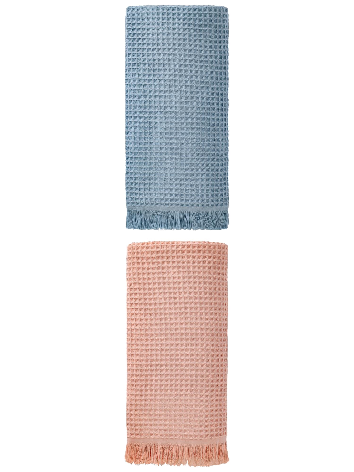 Unique Bargains Soft Absorbent Cotton Waffle Bath Towel Blue/Pink 71"x35"