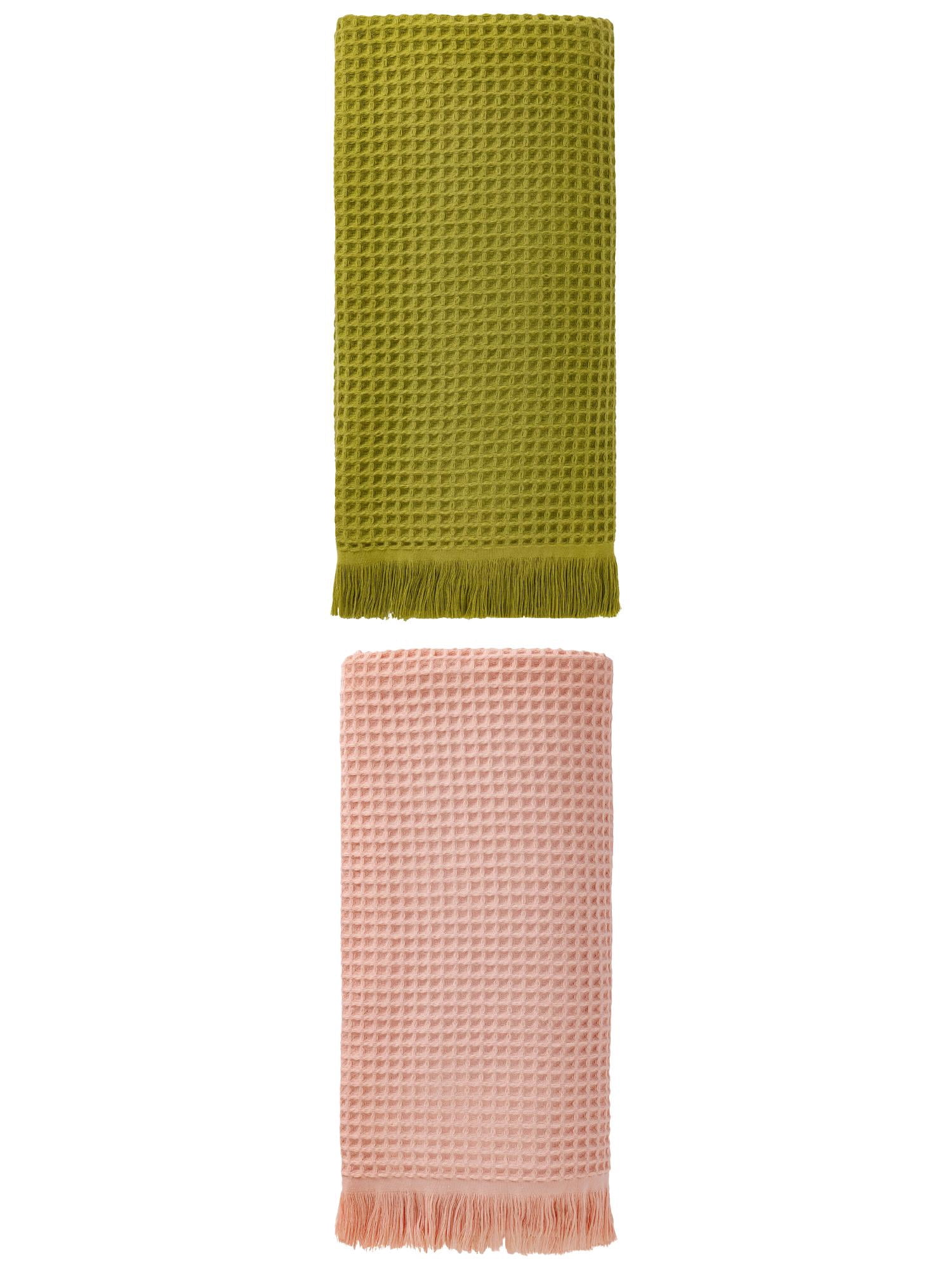 Unique Bargains Soft Absorbent Cotton Waffle Bath Towel Green/Pink 71"x35"