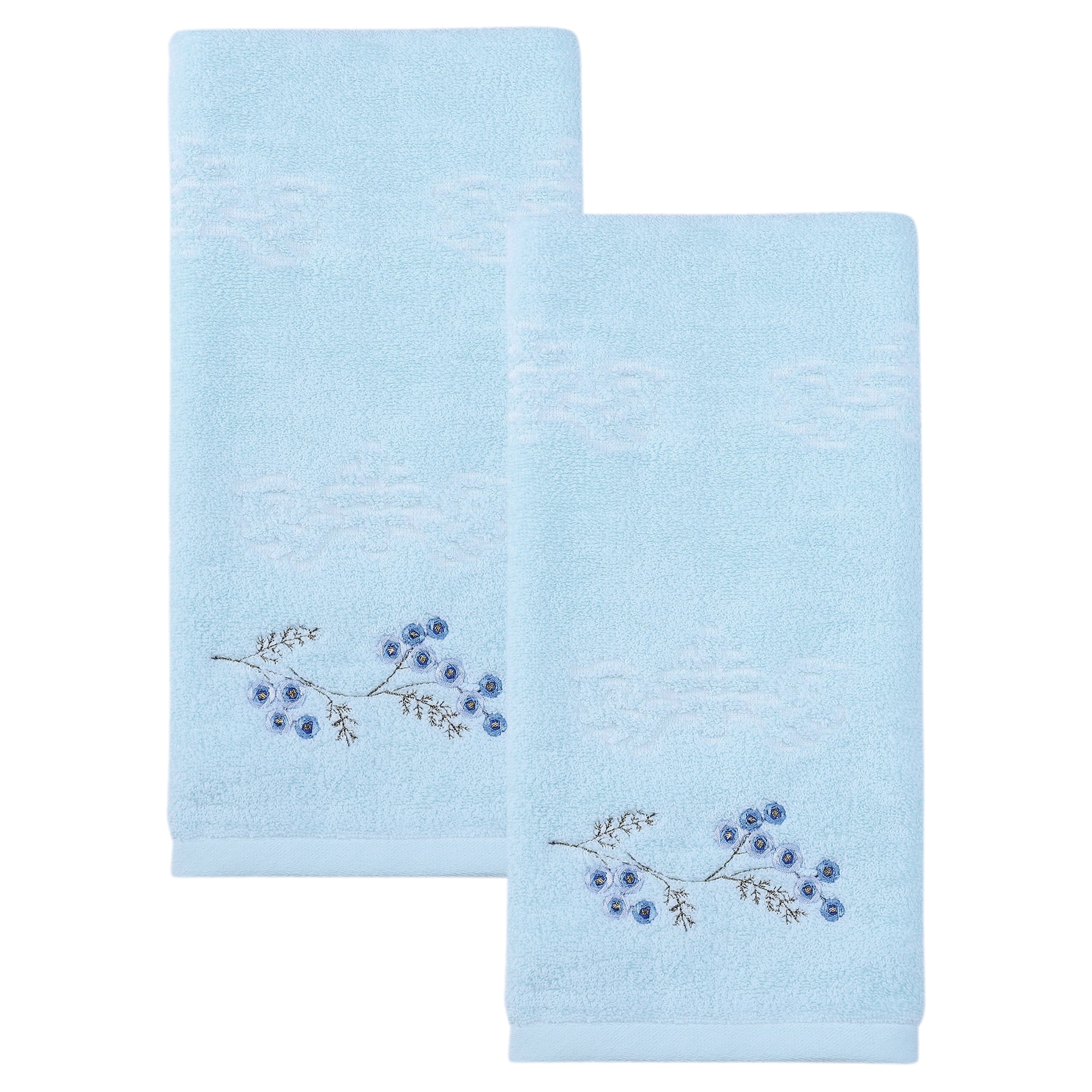 Unique Bargains Soft Absorbent Floral Cotton Hand Towels Blue 29" x 13"