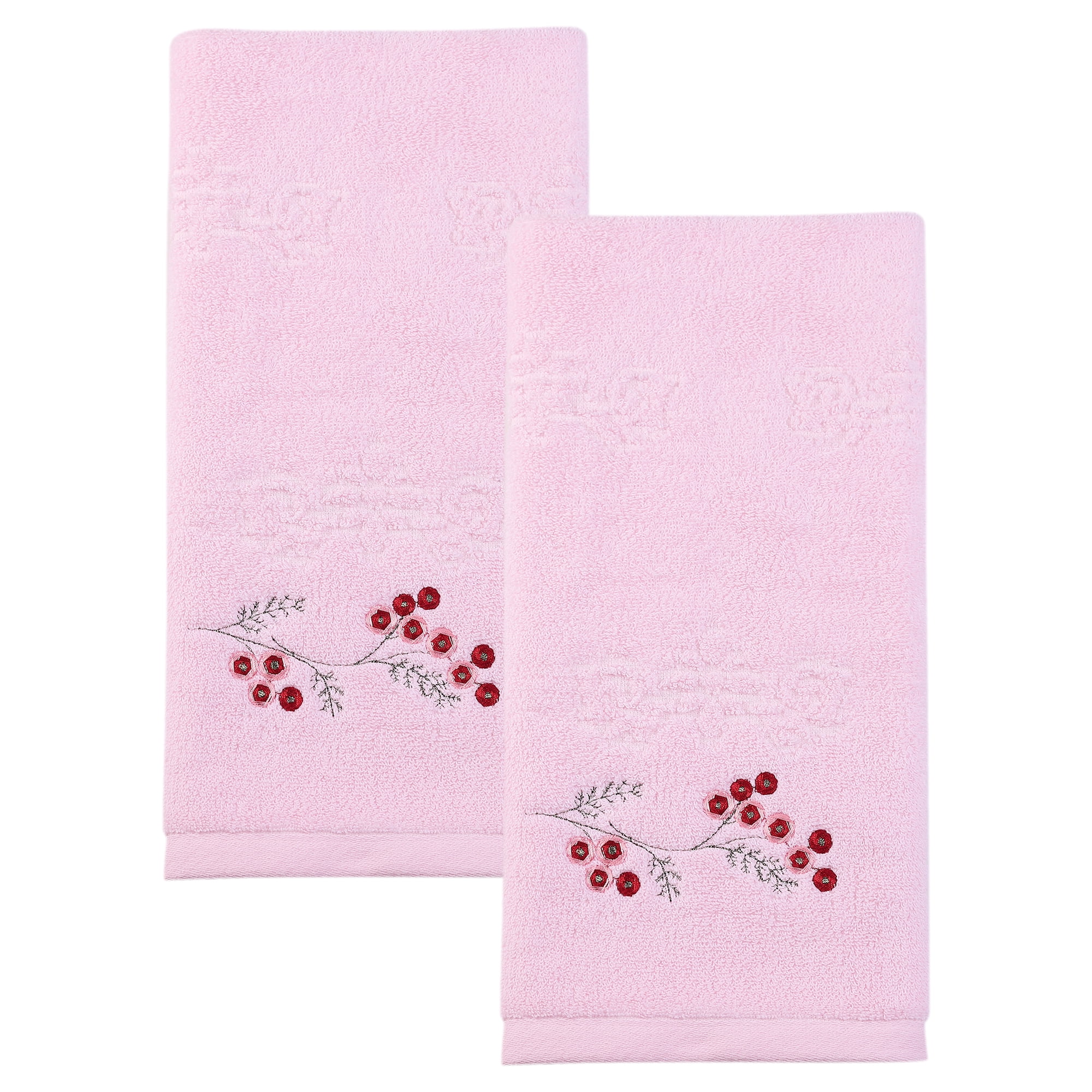Unique Bargains Soft Absorbent Floral Cotton Hand Towels Pink 29" x 13"
