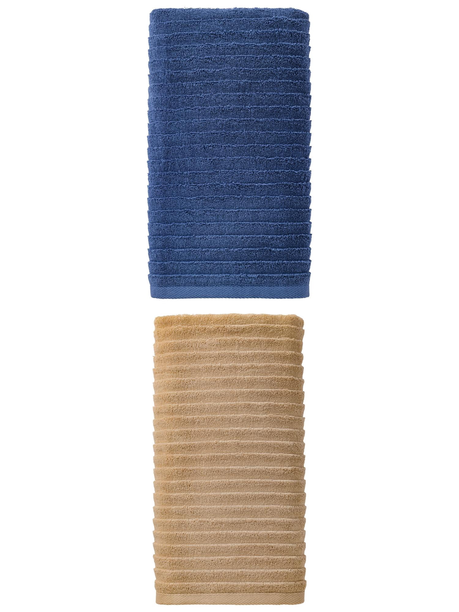 Unique Bargains Soft Absorbent Striped Bath Towel 2 Pack Light Brown/Dark Blue 55"x28"