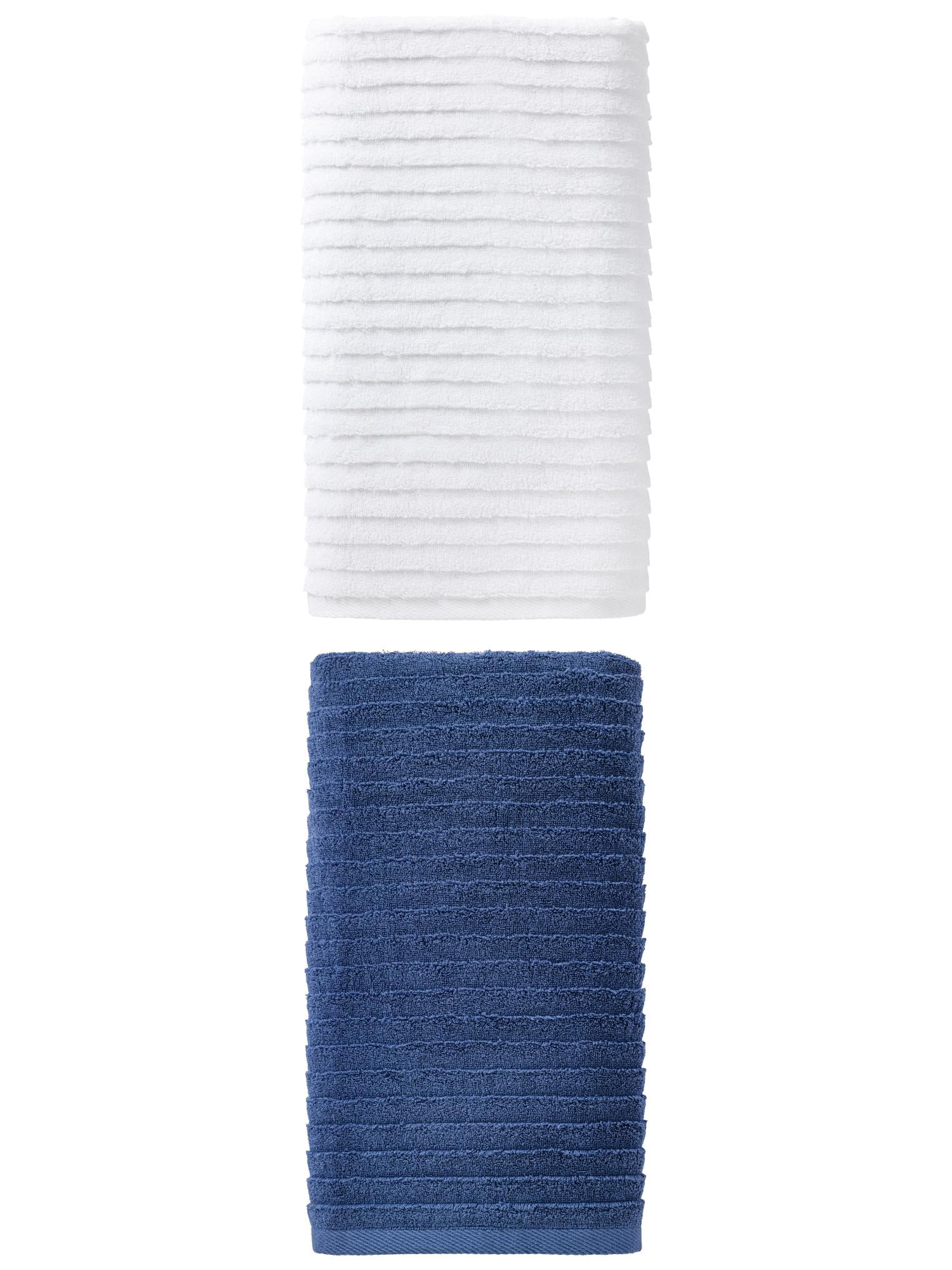 Unique Bargains Soft Absorbent Striped Bath Towel 2 Pack White/Dark Blue 55"x28"