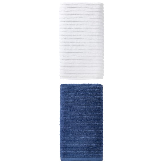 Unique Bargains Soft Absorbent Striped Bath Towel 2 Pack White/Dark Blue 55"x28"