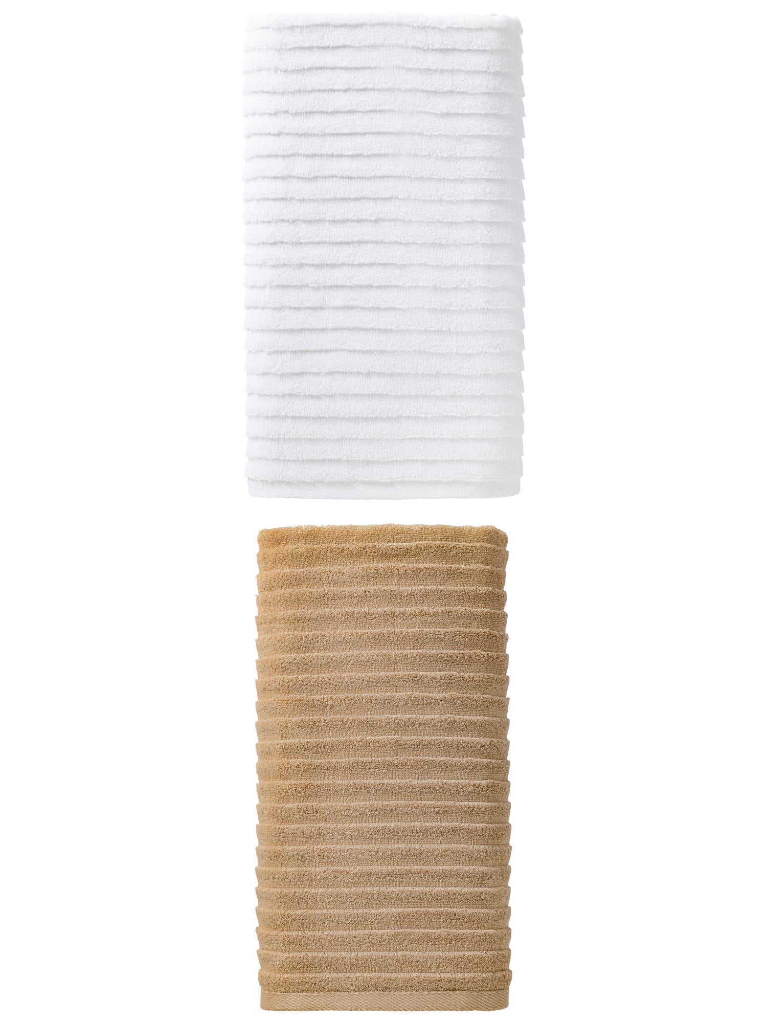 Unique Bargains Soft Absorbent Striped Bath Towel 2 Pack White/Light Brown 55"x28"