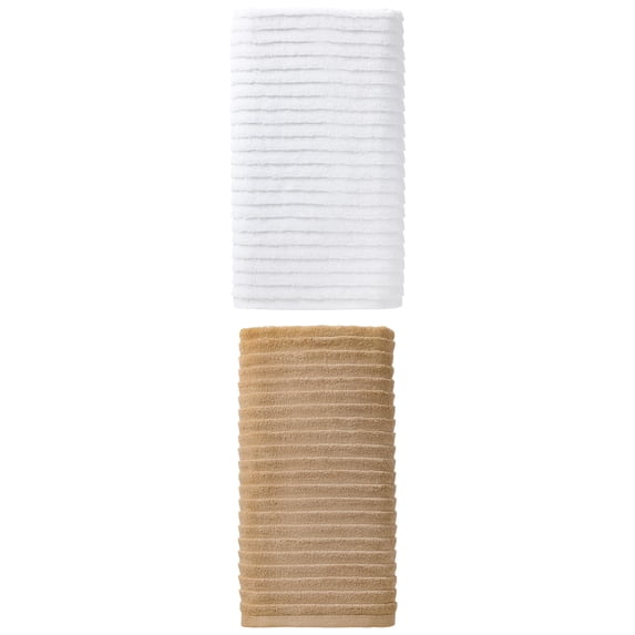 Unique Bargains Soft Absorbent Striped Bath Towel 2 Pack White/Light Brown 55"x28"