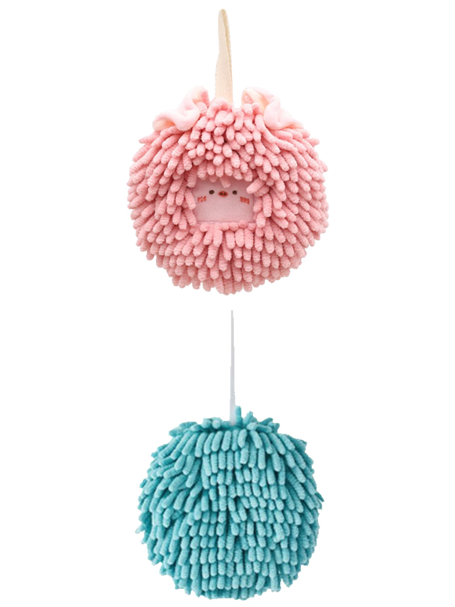 Unique Bargains Soft Chenille Ball Hand Towels 2 Pcs Blue/Pink 6" x 6"/7" x 7"
