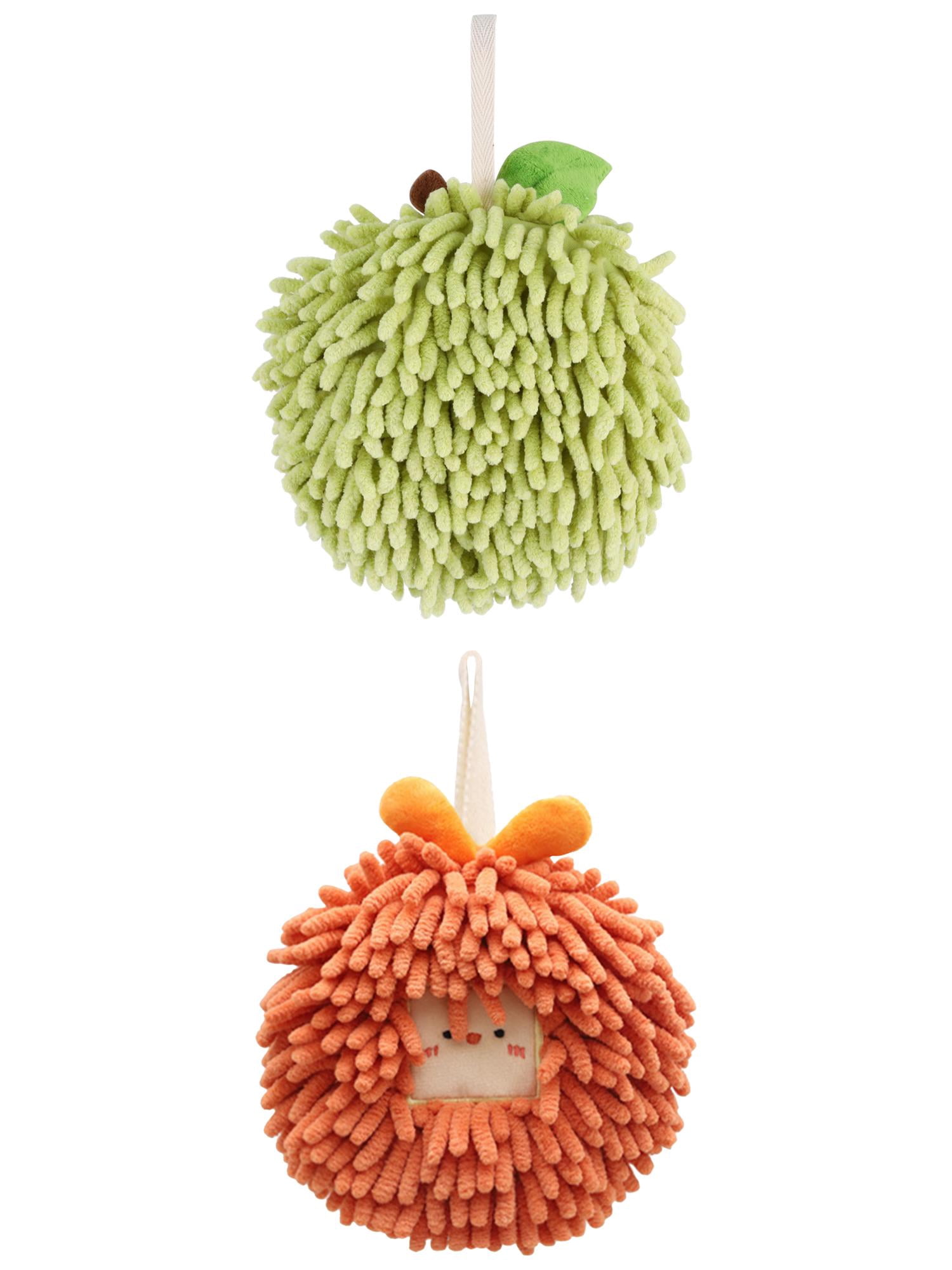 Unique Bargains Soft Chenille Ball Hand Towels 2 Pcs Green/Orange 6" x 6"/7" x 7"