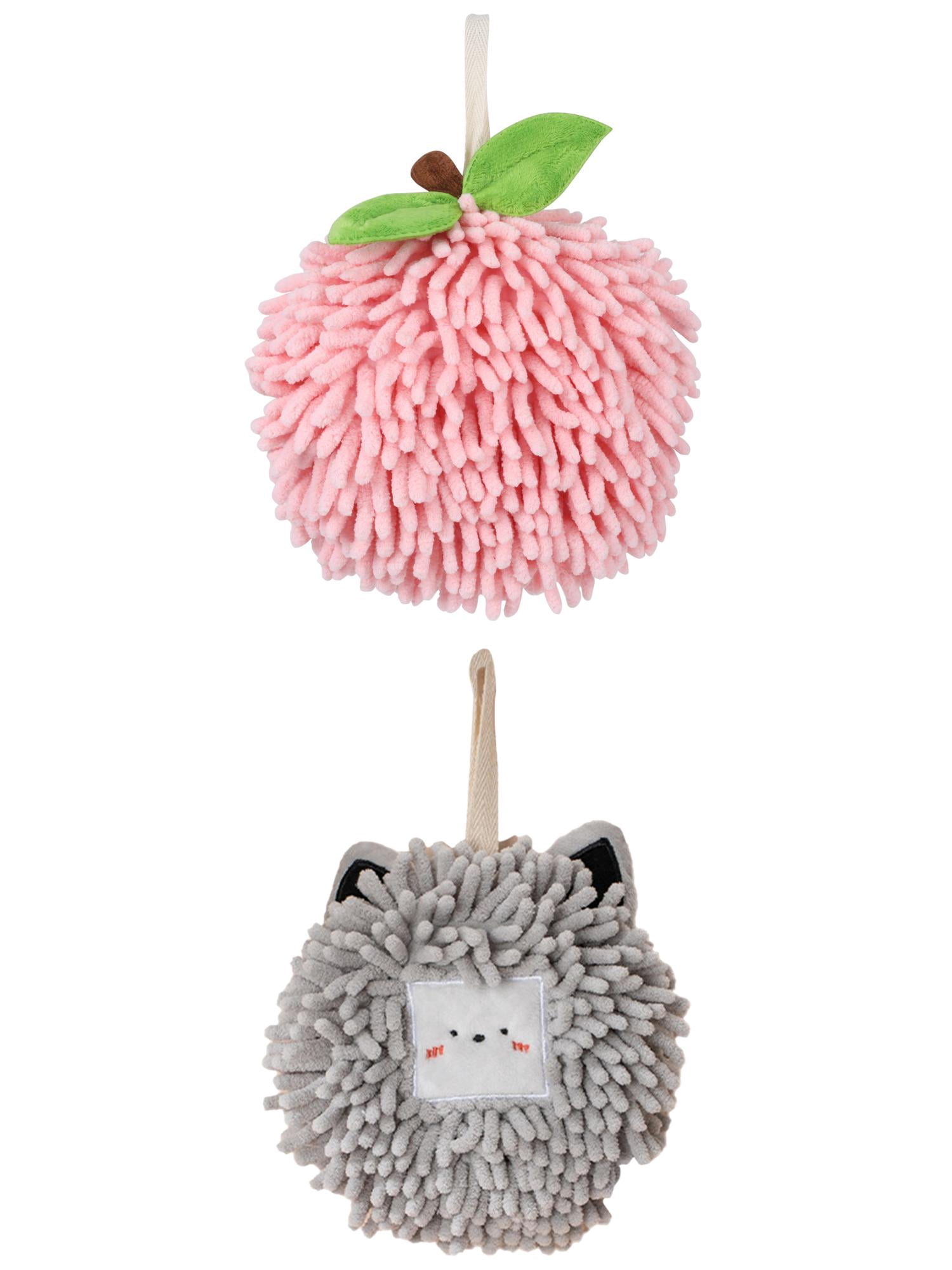 Unique Bargains Soft Chenille Ball Hand Towels 2 Pcs Pink/Light Grey 6" x 6"/7" x 7"