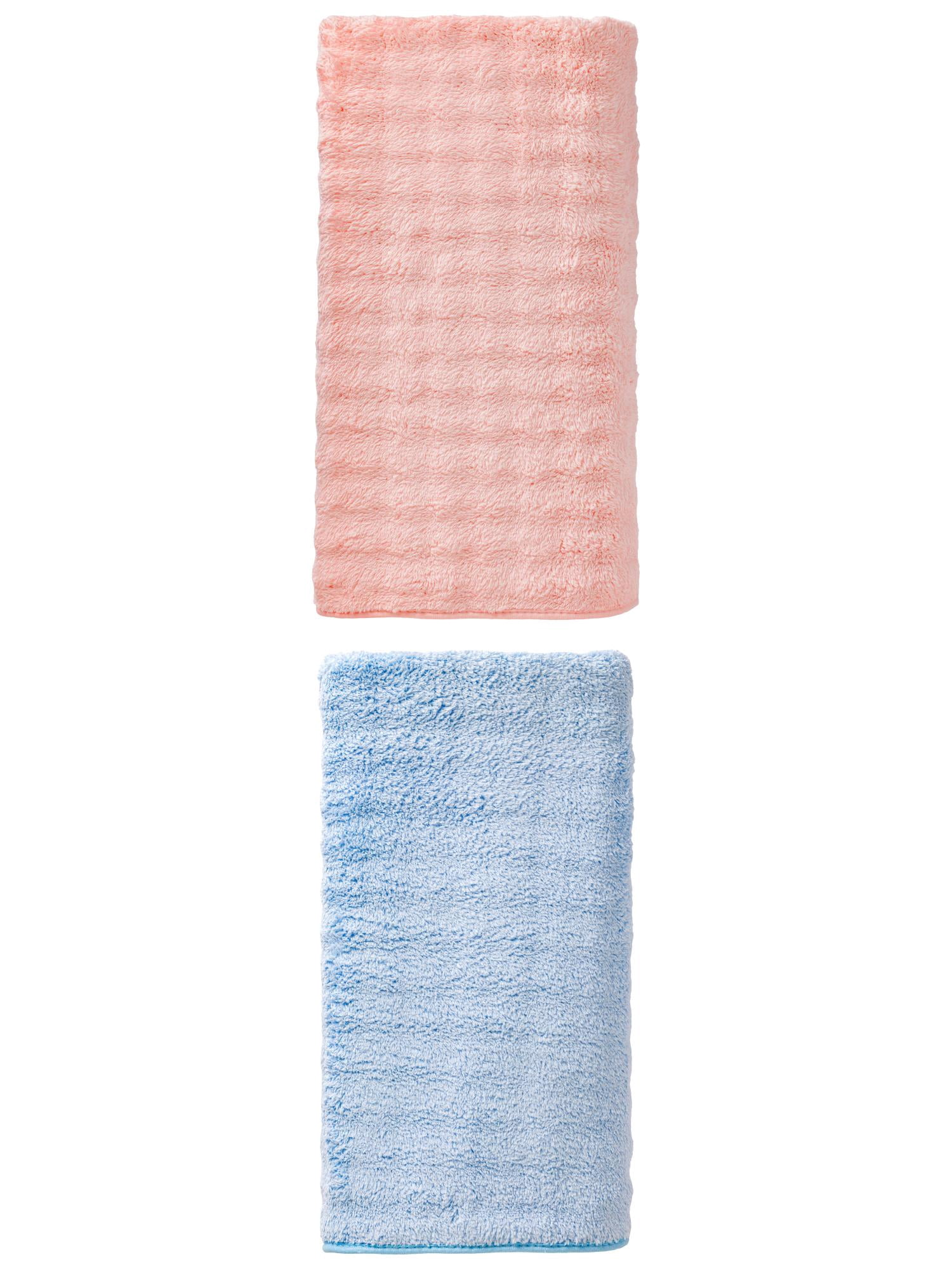 Unique Bargains Soft Coral Fleece Fade Resistant Bath Towel 2 Pack Pink/Blue 55"x28"