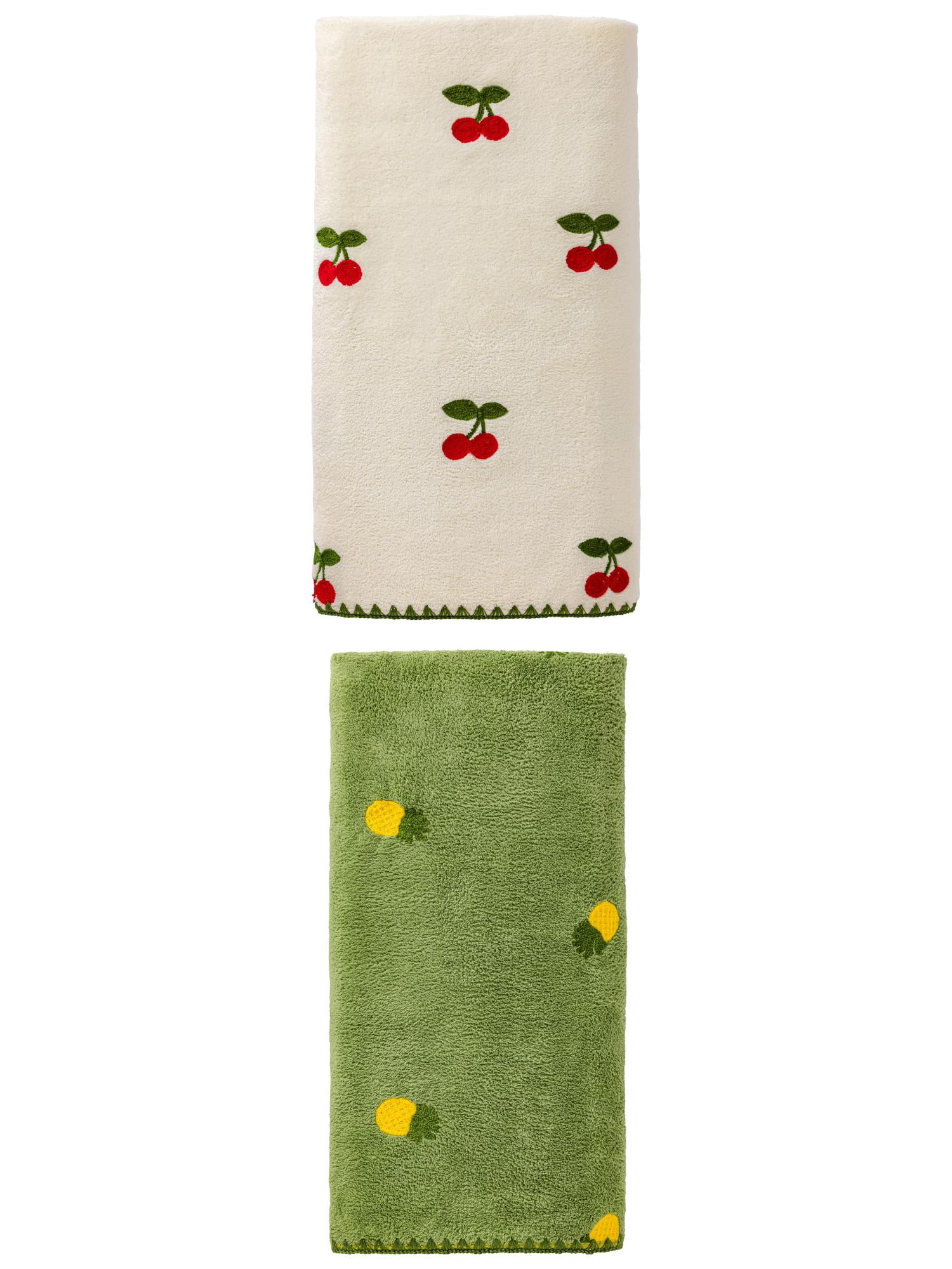 Unique Bargains Soft Coral Fleece Fruit Embroidery Bath Towel 2 Pack Green/White 55"x28"