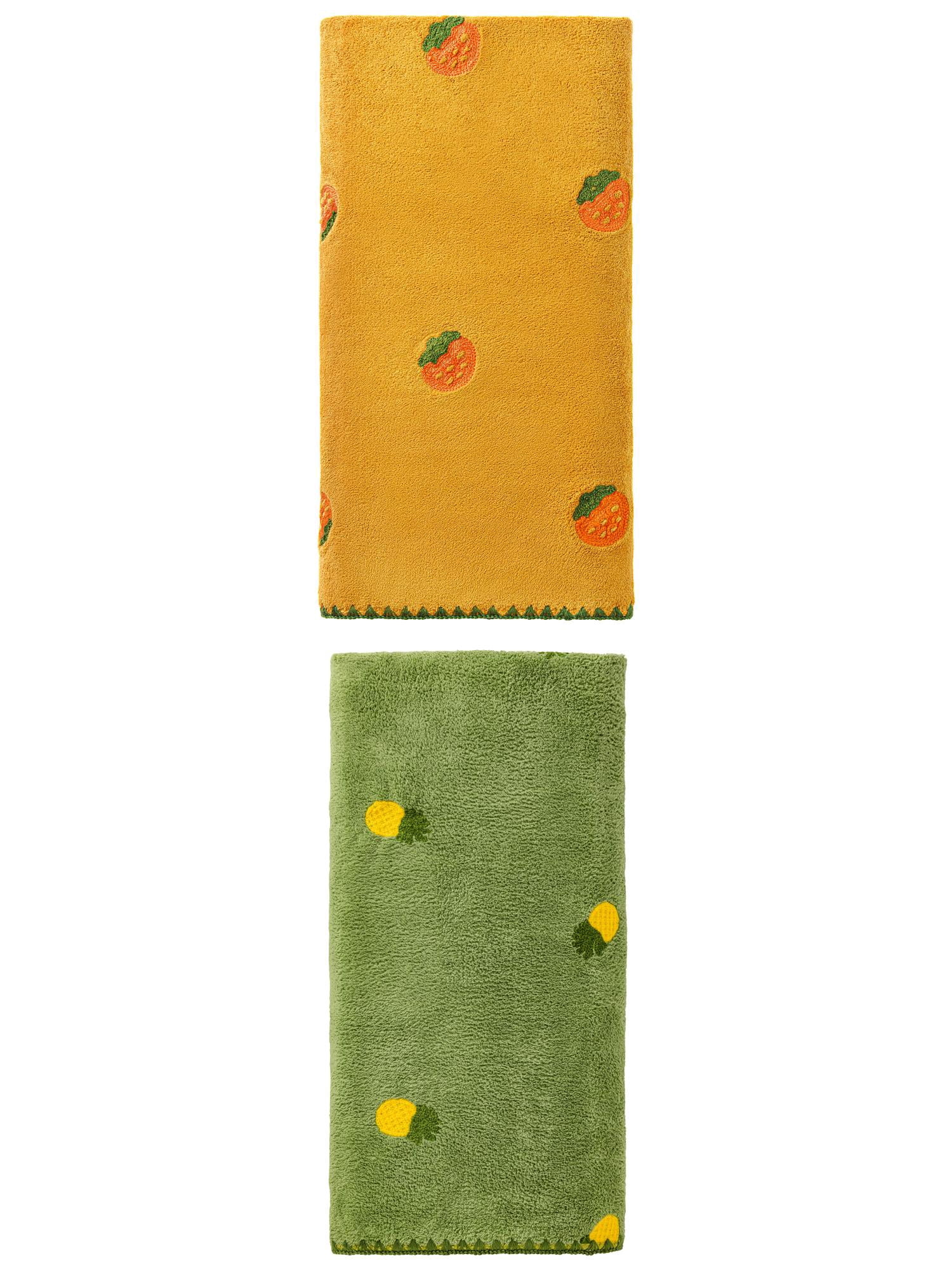 Unique Bargains Soft Coral Fleece Fruit Embroidery Bath Towel 2 Pack Green/Yellow 55"x28"