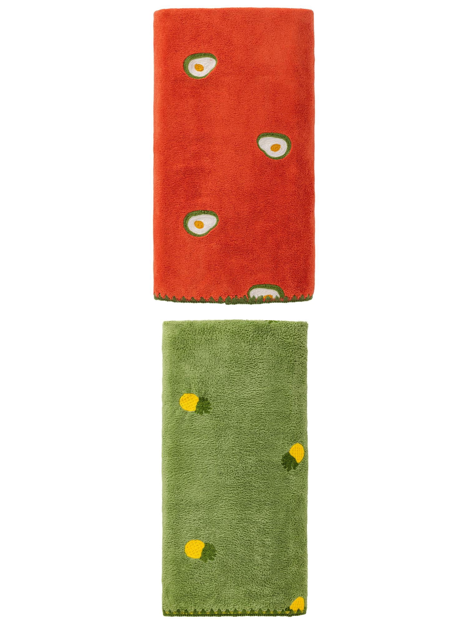 Unique Bargains Soft Coral Fleece Fruit Embroidery Bath Towel 2 Pack Red/Green 55"x28"