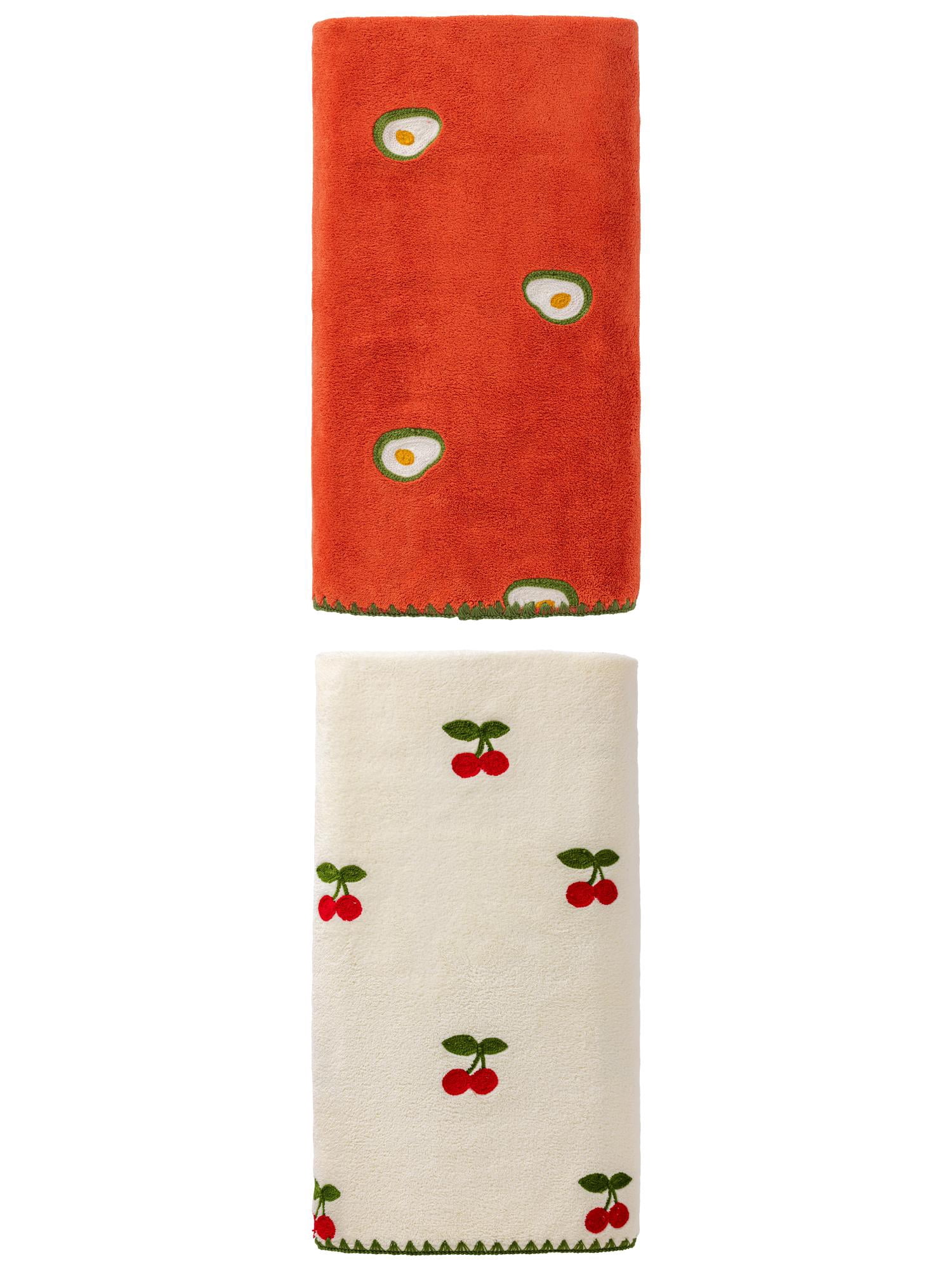 Unique Bargains Soft Coral Fleece Fruit Embroidery Bath Towel 2 Pack Red/White 55"x28"