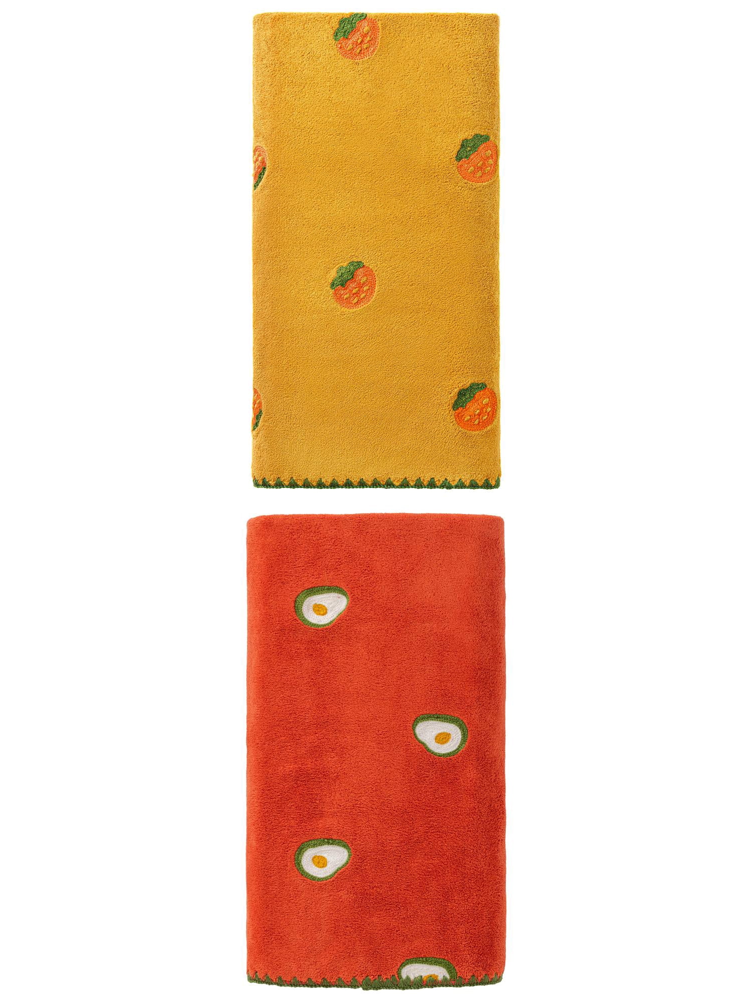 Unique Bargains Soft Coral Fleece Fruit Embroidery Bath Towel 2 Pack Red/Yellow 55"x28"