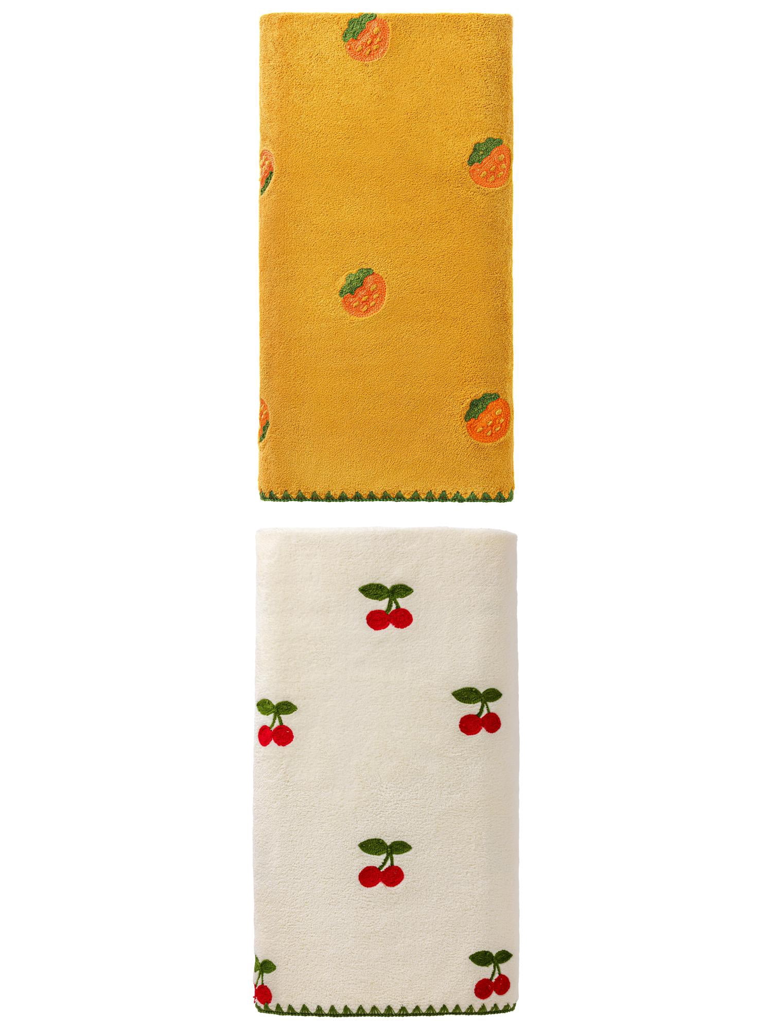 Unique Bargains Soft Coral Fleece Fruit Embroidery Bath Towel 2 Pack White/Yellow 55"x28"