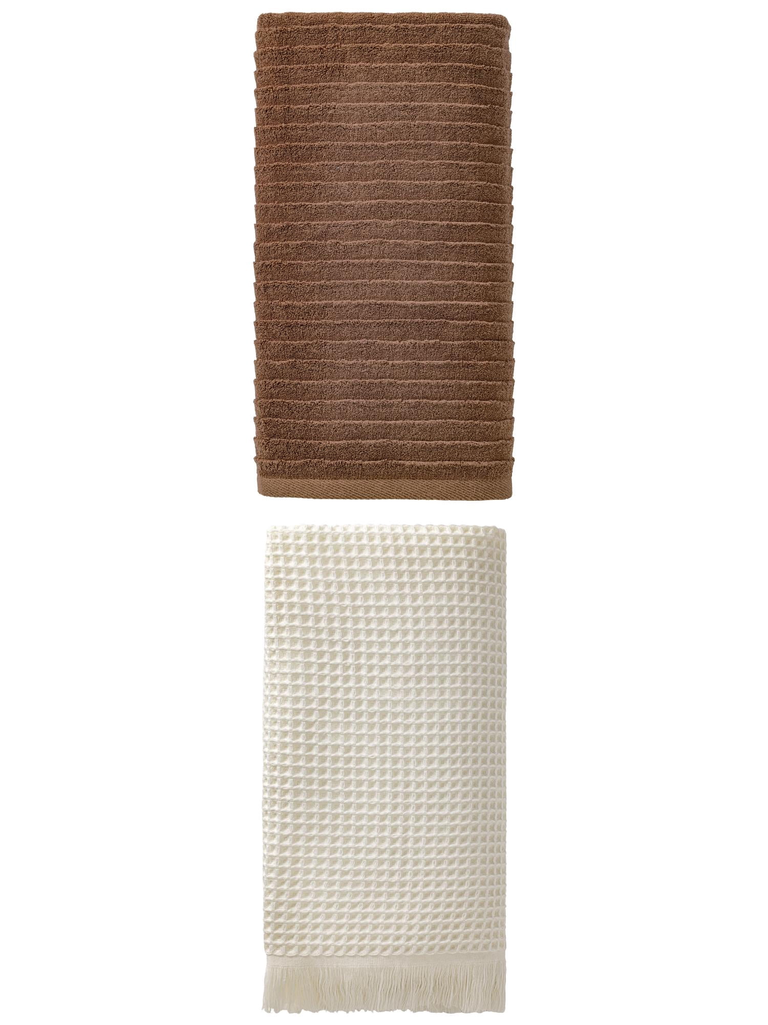 Unique Bargains Soft Cotton Waffle Bath Towel 2 Pack Beige/Dark Brown 71" x 35"/55" x 28"