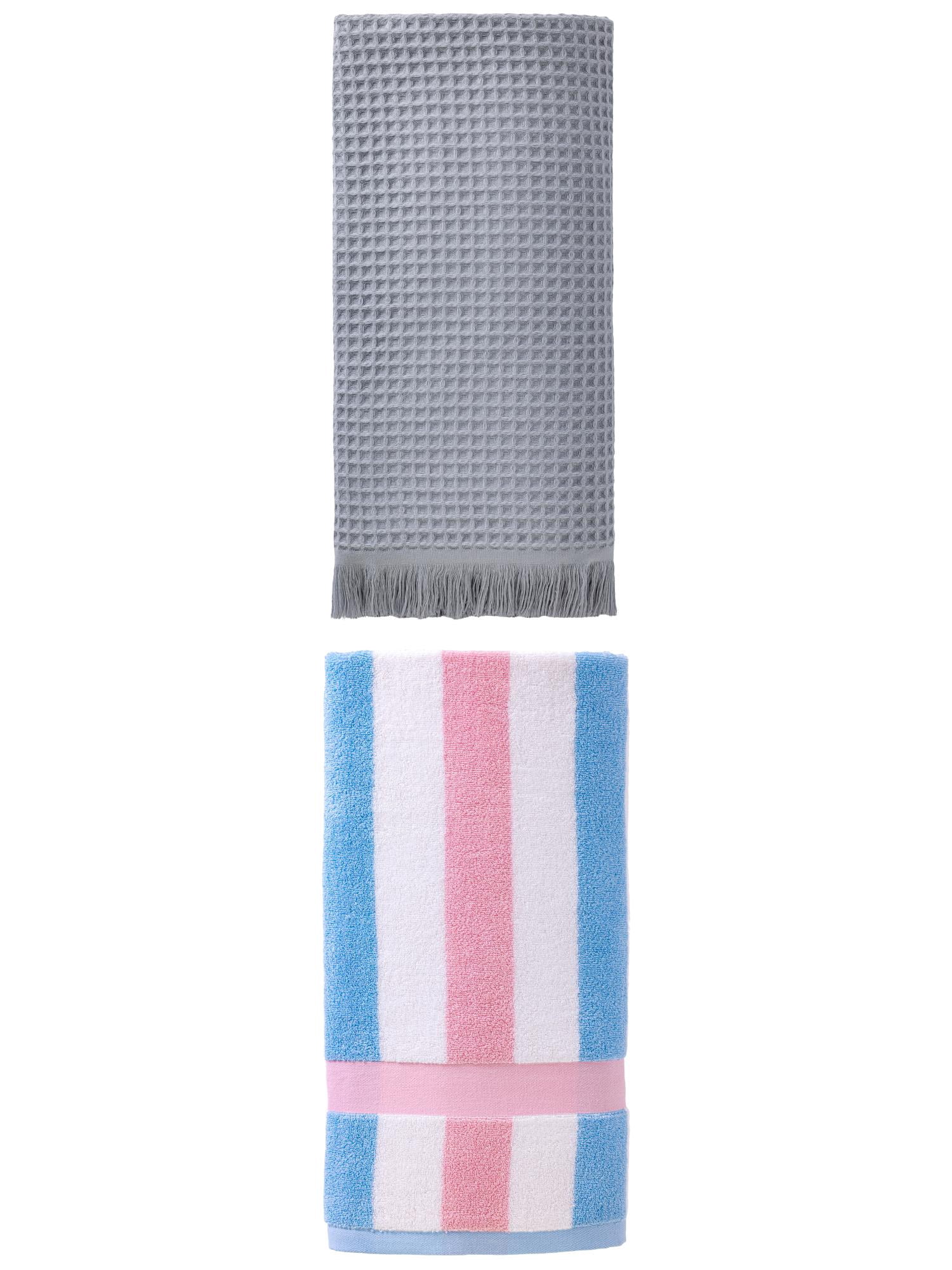 Unique Bargains Soft Cotton Waffle Bath Towel 2 Pack Grey/Pink 71" x 35"/55" x 28"