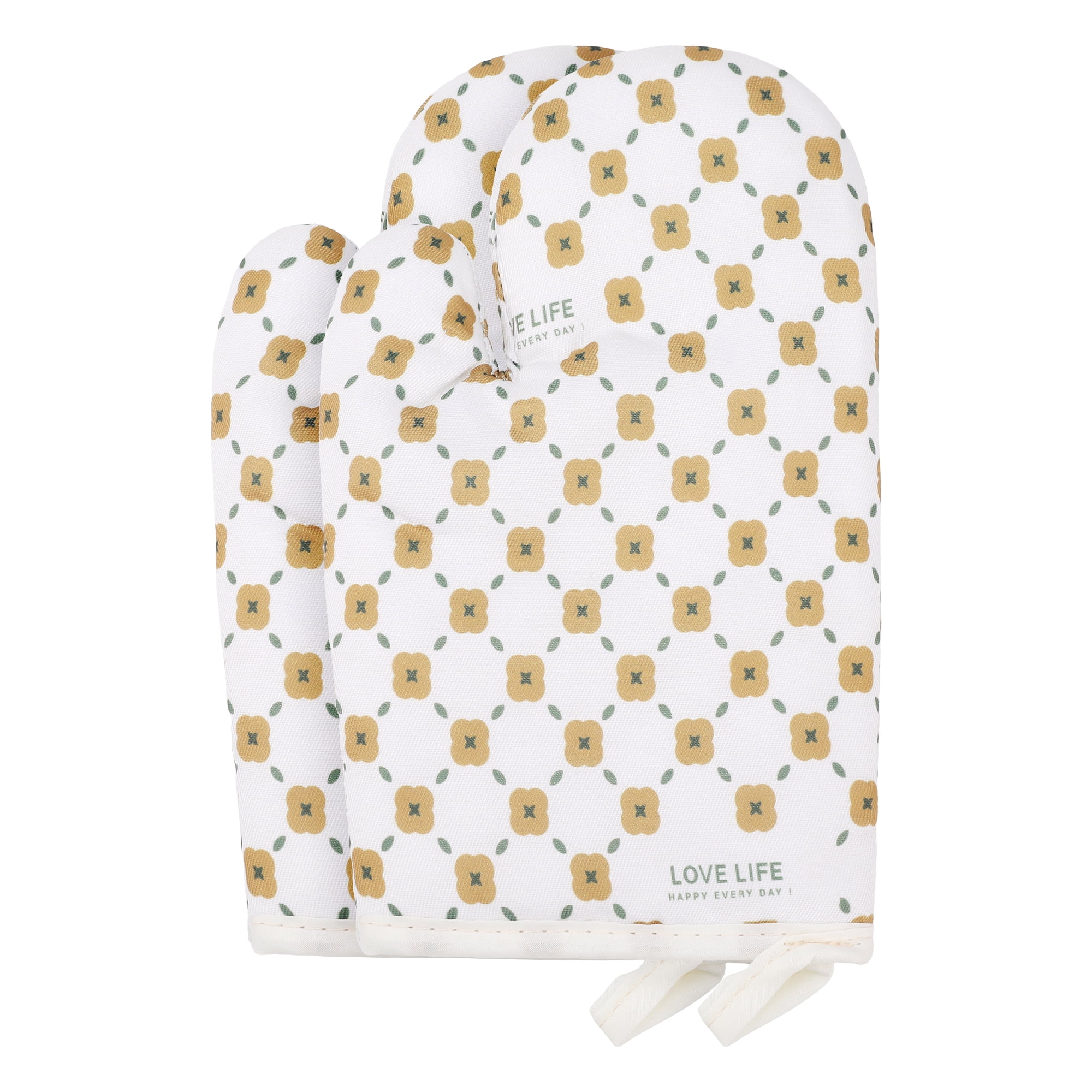 Unique Bargains Soft Floral Heat-Resistant Oven Mitts Cooking Gloves White/Yellow